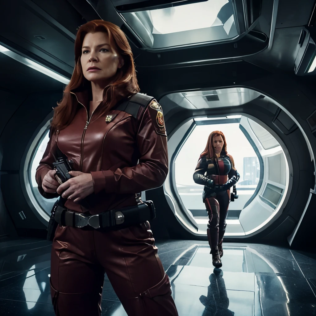 photorealistic lady, age 50, red long straight hair,muscular, large size , photorealistic face like Kate Mulgrew,,dressed like Captain Janeway from Star Trek Voyager, fighting with phaser Rifle on photorealistic Corona virus group , behind him a spaceship floor, wideview Aspect, cinematic, Widescreen, high quality, full view, full body