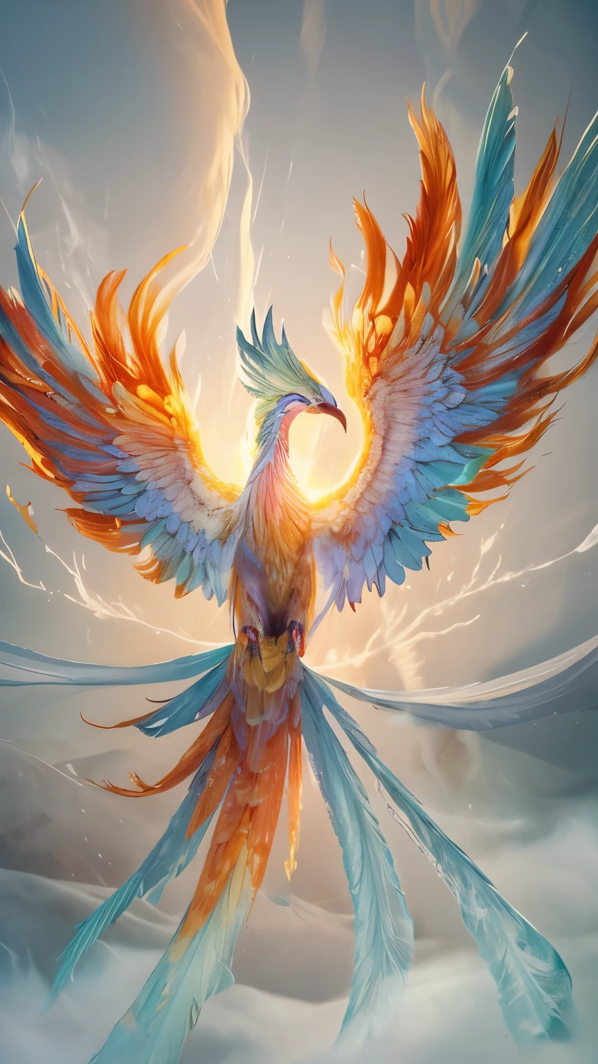 The phoenix is reborn from the ashes,Fire red head,pink wings,light blue purple feet