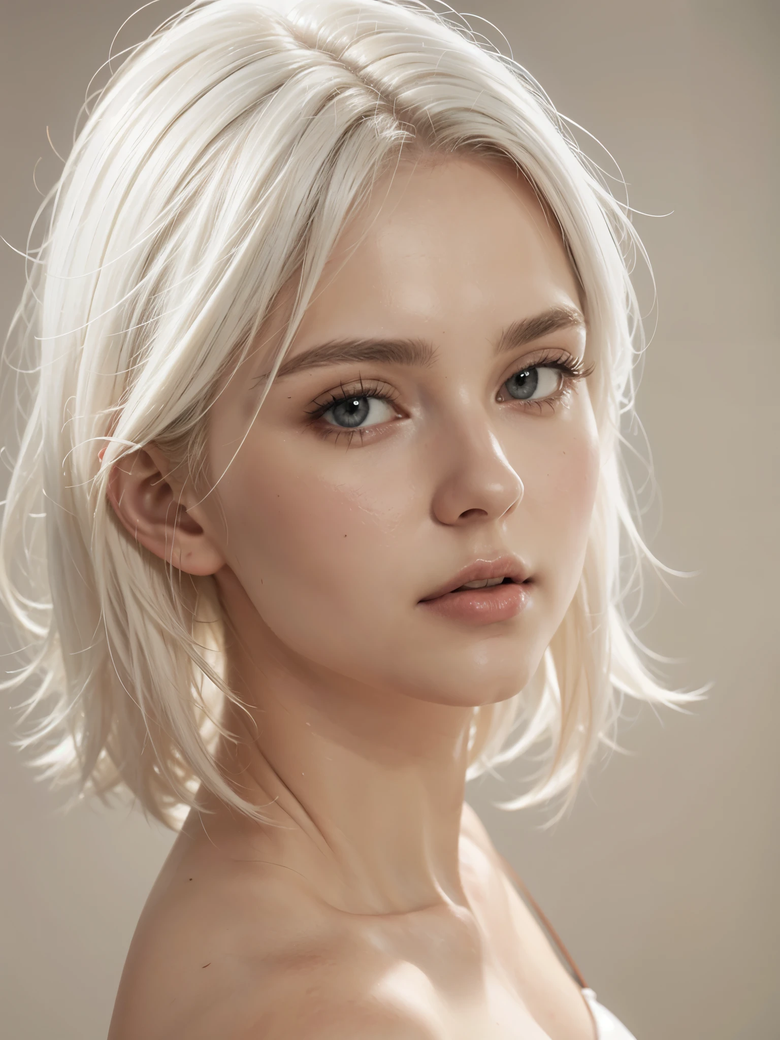 20 year old Eastern European girl, white hair, short white hair, very beautiful woman, white skin, 8k,(In reality, high resolution:1.3, masterpiece, 8K, best quality, ultra detailed, studio shoot, photo realistic:1.4, photography ), ((sharp focus)), upper body, (((hard Lighting))), model pose, camisole, Volumetric Lighting, sexy look, a seductive look,(((white skin)))