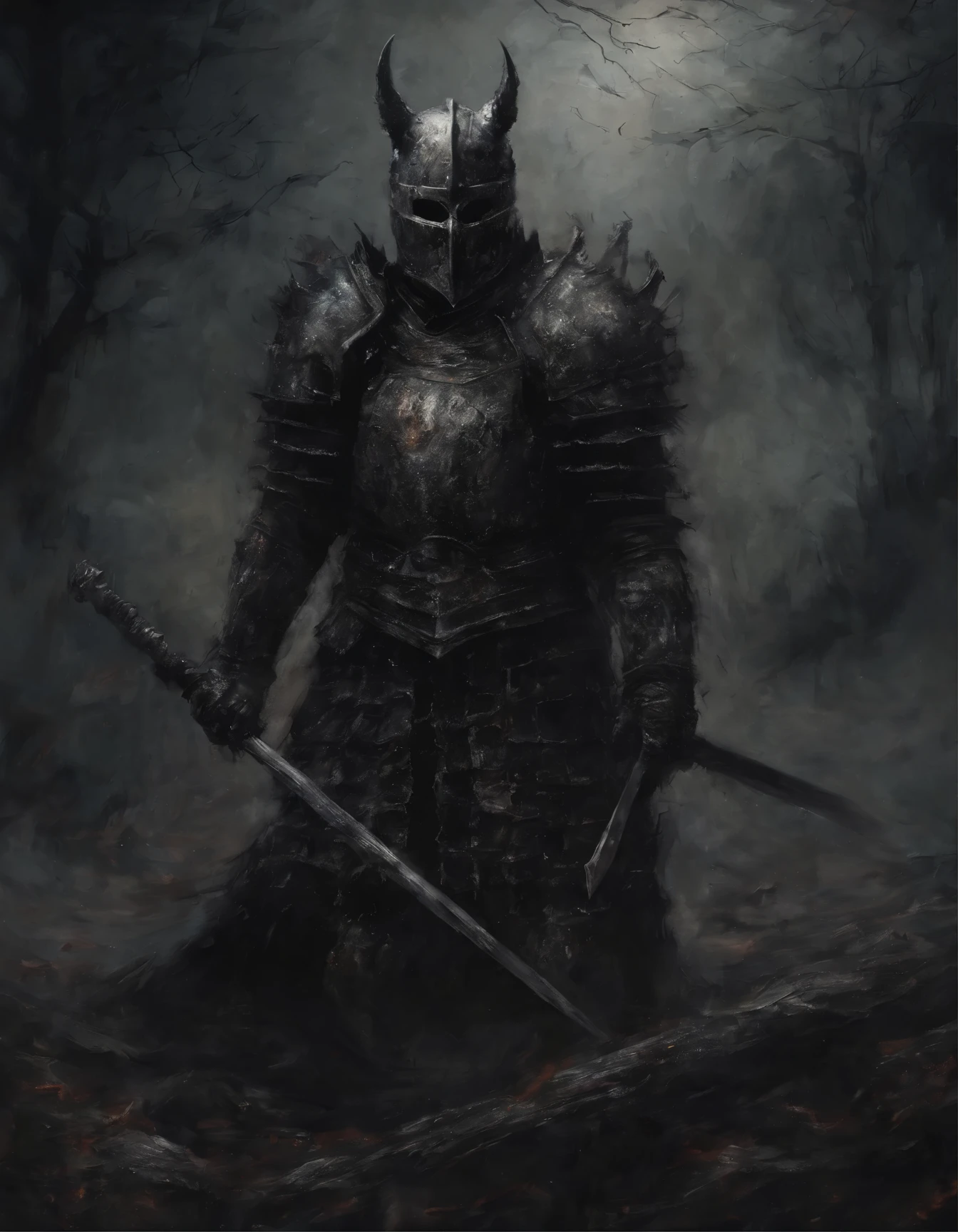Create an impressionistic painting of a creepy warrior knight wearing a demon mask, nieve, Cosmic ash, fuego, artistic, intrincado
