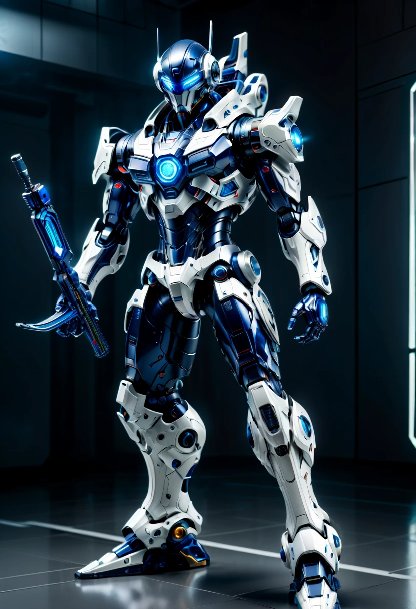 (远景:1.8), (全身照:1.5), A half-mechanical male warrior with cybernetic enhancements stands in a futuristic battlefield, aiming his rifle. His body is a complex assembly of intricate mechanical parts, cables, and gears, symbolizing the fusion of human and machine. The environment is a desolate, war-torn landscape, showcasing a stark contrast between the remnants of a once-civilized world and the advanced technology that now dominates. The warrior's posture is focused and determined, highlighting his readiness for combat. The details of his mechanical parts are meticulously designed, showing pistons, wires, and metal plates that interlock to create his formidable form. The scene is set during twilight, casting long shadows and creating a dramatic interplay of light and darkness, emphasizing the tension of the moment. This portrayal captures the essence of a futuristic warrior, blending elements of science fiction with a gritty realism, ，(眼睛正面看着观众:1.5)