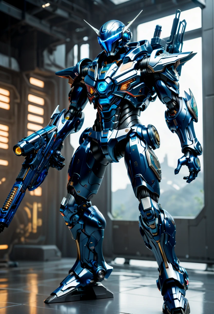 (远景:1.8), (全身照:1.5), A half-mechanical male warrior with cybernetic enhancements stands in a futuristic battlefield, aiming his rifle. His body is a complex assembly of intricate mechanical parts, cables, and gears, symbolizing the fusion of human and machine. The environment is a desolate, war-torn landscape, showcasing a stark contrast between the remnants of a once-civilized world and the advanced technology that now dominates. The warrior's posture is focused and determined, highlighting his readiness for combat. The details of his mechanical parts are meticulously designed, showing pistons, wires, and metal plates that interlock to create his formidable form. The scene is set during twilight, casting long shadows and creating a dramatic interplay of light and darkness, emphasizing the tension of the moment. This portrayal captures the essence of a futuristic warrior, blending elements of science fiction with a gritty realism, ，(眼睛正面看着观众:1.5)