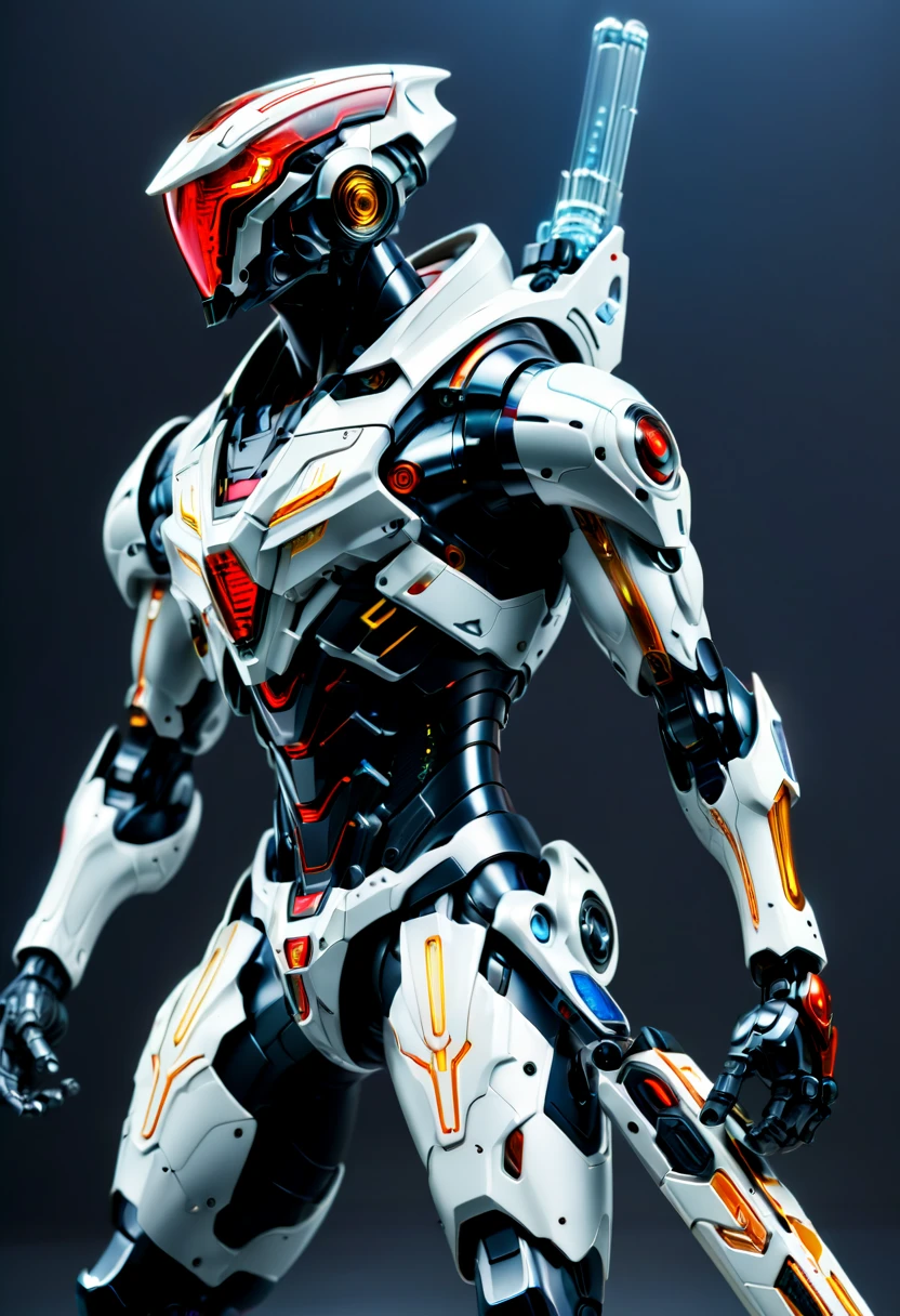 (远景:1.8), (全身照:1.5), A half-mechanical male warrior with cybernetic enhancements stands in a futuristic battlefield, aiming his rifle. His body is a complex assembly of intricate mechanical parts, cables, and gears, symbolizing the fusion of human and machine. The environment is a desolate, war-torn landscape, showcasing a stark contrast between the remnants of a once-civilized world and the advanced technology that now dominates. The warrior's posture is focused and determined, highlighting his readiness for combat. The details of his mechanical parts are meticulously designed, showing pistons, wires, and metal plates that interlock to create his formidable form. The scene is set during twilight, casting long shadows and creating a dramatic interplay of light and darkness, emphasizing the tension of the moment. This portrayal captures the essence of a futuristic warrior, blending elements of science fiction with a gritty realism, ，(眼睛正面看着观众:1.5)