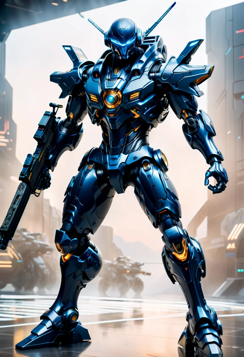 (远景:1.8), (全身照:1.5), A half-mechanical male warrior with cybernetic enhancements stands in a futuristic battlefield, aiming his rifle. His body is a complex assembly of intricate mechanical parts, cables, and gears, symbolizing the fusion of human and machine. The environment is a desolate, war-torn landscape, showcasing a stark contrast between the remnants of a once-civilized world and the advanced technology that now dominates. The warrior's posture is focused and determined, highlighting his readiness for combat. The details of his mechanical parts are meticulously designed, showing pistons, wires, and metal plates that interlock to create his formidable form. The scene is set during twilight, casting long shadows and creating a dramatic interplay of light and darkness, emphasizing the tension of the moment. This portrayal captures the essence of a futuristic warrior, blending elements of science fiction with a gritty realism, ，(眼睛正面看着观众:1.5)