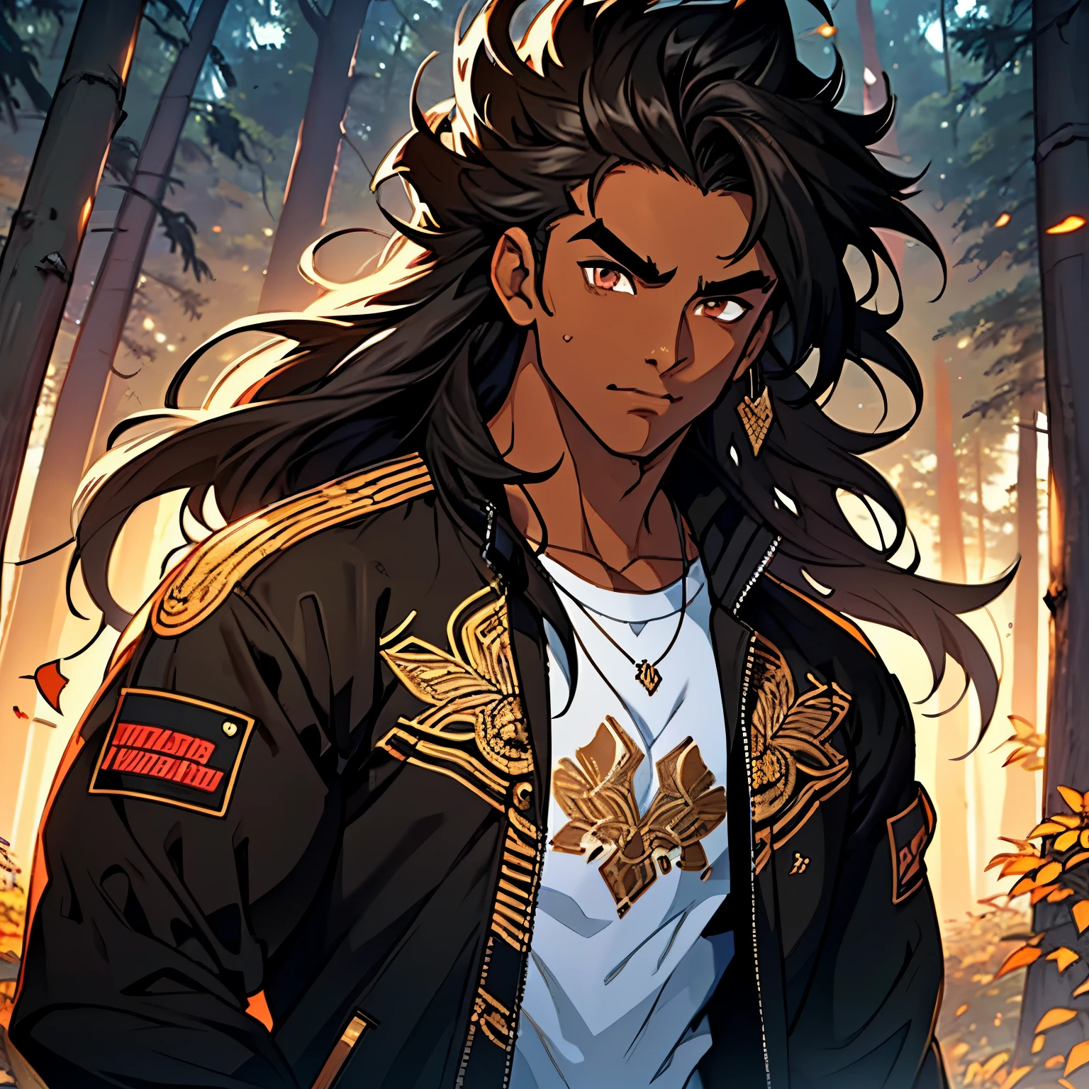 masterpiece, best quality, 1 male, handsome, brown eyes, (dark skin:1.2), long hair, hair between eyes, curly hair, black hair, ((teenager:1.1)), adolescent, , ((thick eyebrows:1.2)), complex pattern, detailed face, upper body, casual clothes, black jacket, forest background, forest full of extremely brilliant clouds, glittering debris, serious,