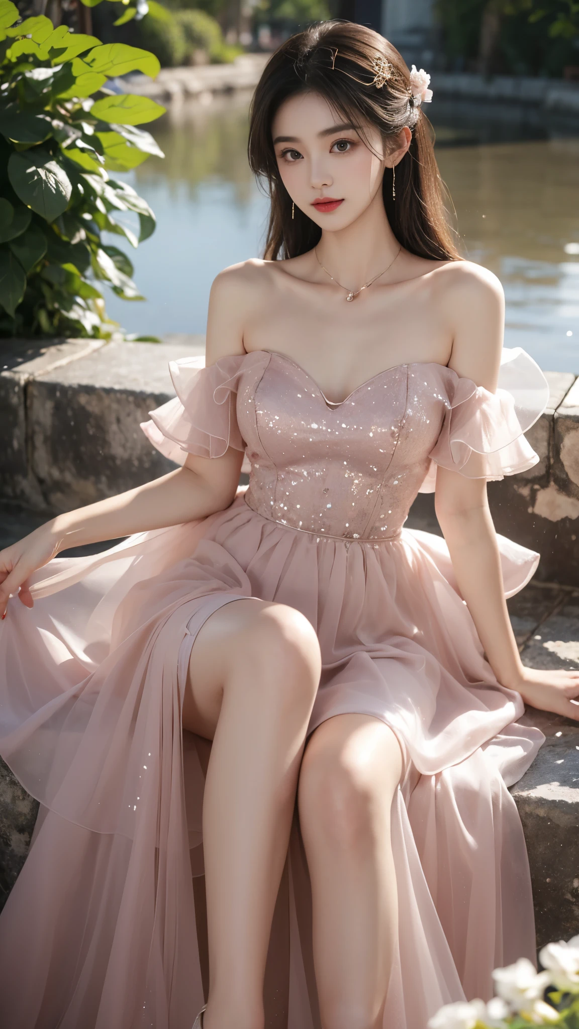 dress, In the depths of Wonderland，The moonlight falls like water，foggy room，The figure of the heroine is vaguely visible，Just like the fairy in the painting，Slender sexy legs，Very nice legs，Leaking sexy legs，Big breasts，美丽而又带着一丝mystery的色彩。Her face is beautiful and delicate，Like finely carved jade，Showing otherworldly beauty。The eyebrows are picturesque，The waves in my eyes are like twinkling stars，Show the light of perseverance and wisdom。The bridge of the nose is straight，Lip color like cherry，The slightly raised corners of the mouth reveal confidence and calmness。Her face is well defined，The skin is as fair as jade，Reveals a healthy glow，Just like a fairy, she never eats fireworks in the world。Her makeup is light and delicate，Not too much embellishment，But enough to show her temperament and charm。Light-colored foundation brings out the transparency of the skin，A light eyebrow pencil outlines her perfect eyebrow shape，Eye makeup is eye shadow and eyeliner，Make her eyes brighter and more energetic。嘴唇涂上grace的口红，Adds a bit of charm and sophistication。她的衣服grace别致，Clothes flutter，It seems like it will be blown up by the wind at any time，drifting into the distance。既不失grace，Also showed her extraordinary skills。A wide belt is tied around the waist，There is a crystal clear jade pendant hanging on it，Rocking with her movements。Her hair is tied back casually，Secure it with a hosta，A few strands of hair are fluttering gently in the wind，Adds a bit of softness。Her figure is looming in the fairyland，宛如一道Big breasts美丽的风景线，attracted everyone&#39;s attention。She seems to be a fairy in wonderland，Big breasts美丽、grace、mystery、and full of power。