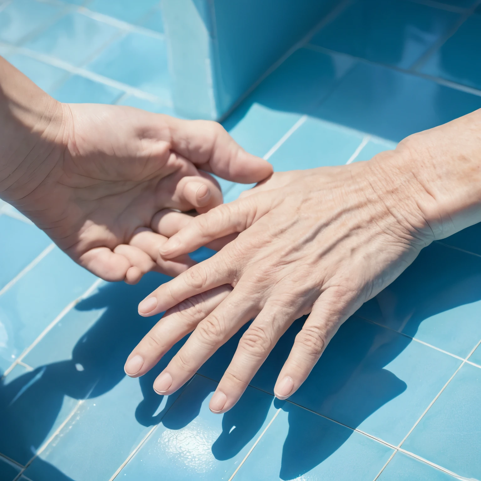 70 year old hands、Close up of wrinkled hands、One-handed up、light blue tile background