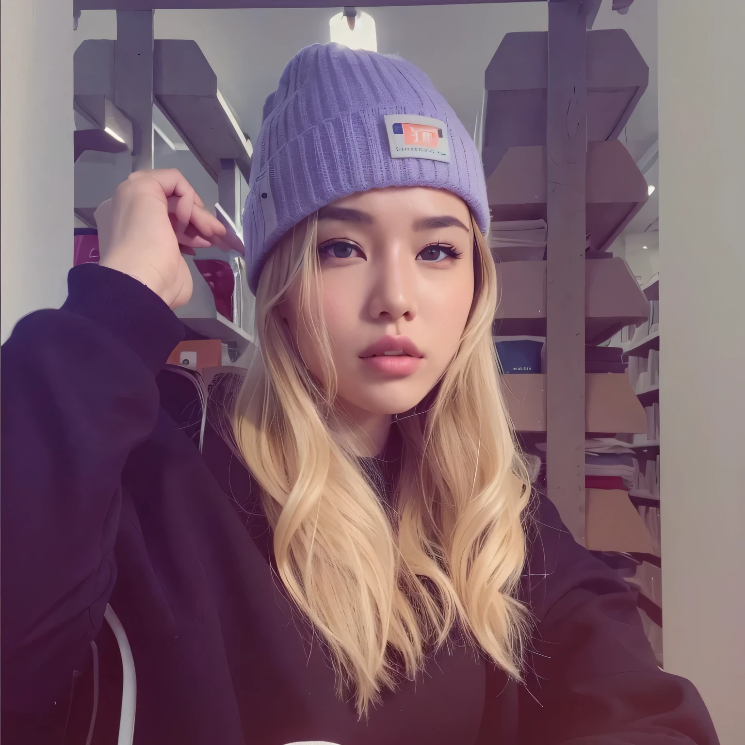 Use that woman.'face in the photo to create the image of an Asian woman with extraordinarily light blond hair.., His wavy hair reaches to his waist., Power drive DUCATI PANIGALE V4S white, Cool and adventurous, Wear a black leather jacket., trousers