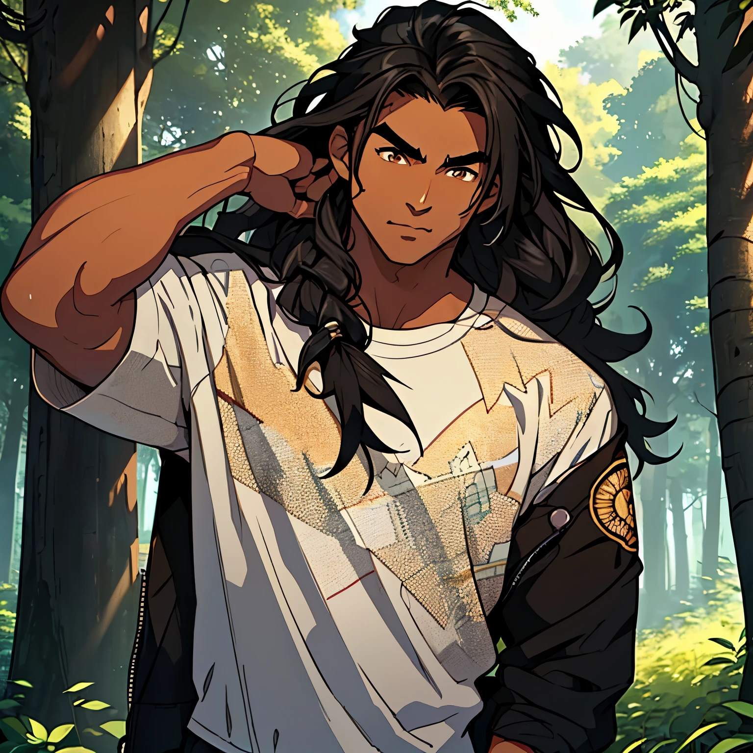 masterpiece, best quality, 1 male, handsome, brown eyes, (dark skin:1.2), long hair, hair between eyes, curly hair, black hair, ((teenager:1.1)), adolescent, 15 years old, ((thick eyebrows:1.2)), complex pattern, detailed face, upper body, casual clothes, black jacket, forest background, forest full of extremely brilliant clouds, glittering debris, serious,