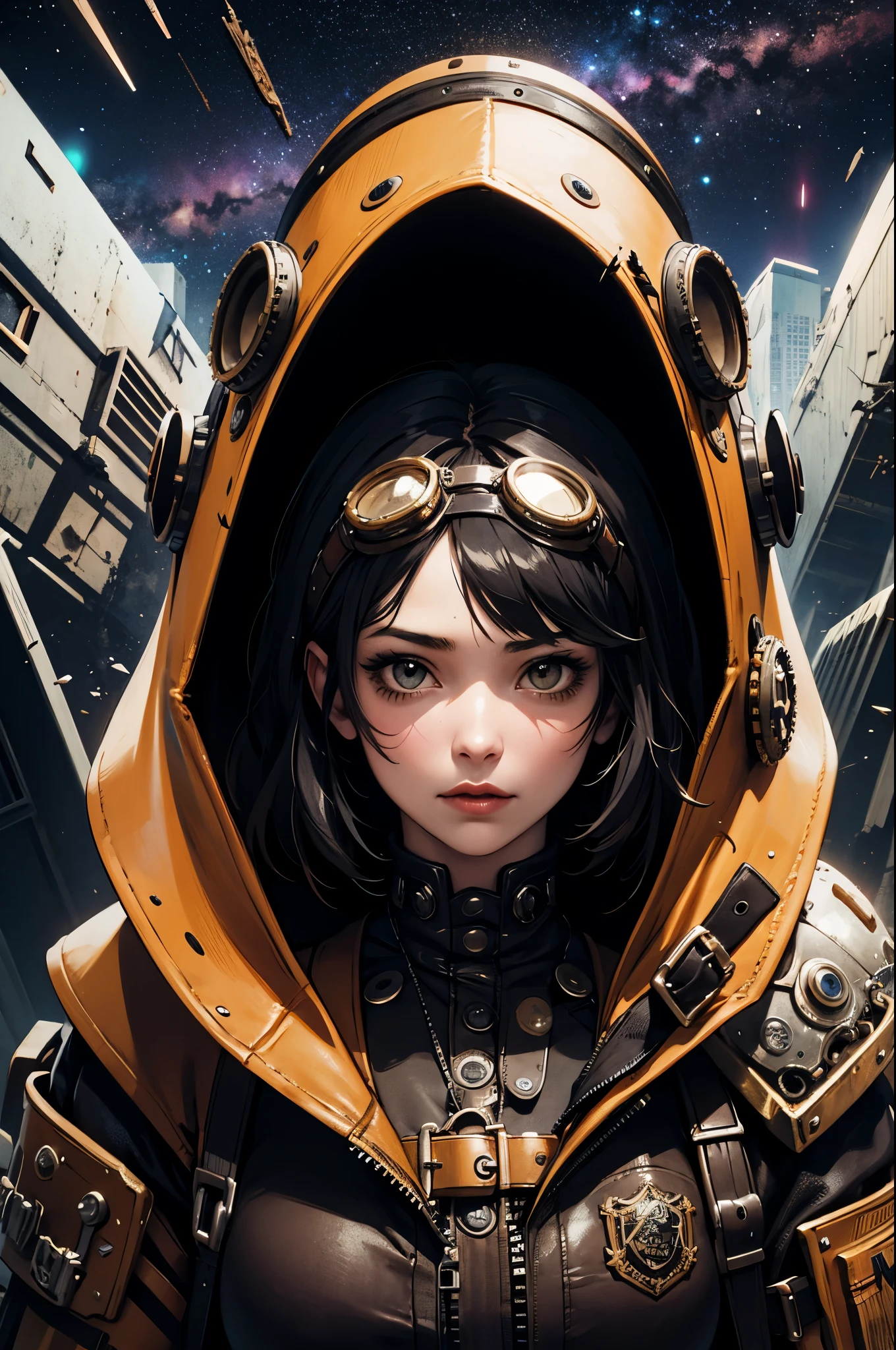 1girl,(black_hair, post apocalyptic, steampunk, hooded steampunk tactical gear and goggles:1.1),(zentangle, mandala, tangle, entangle:0.6),(fractal, atmospheric, psychedelic, aesthetic,,cosmic, colorful, dreamlike art),the most beautiful form of chaos,brutalist designed, metal fragments and debris blowing in the wind