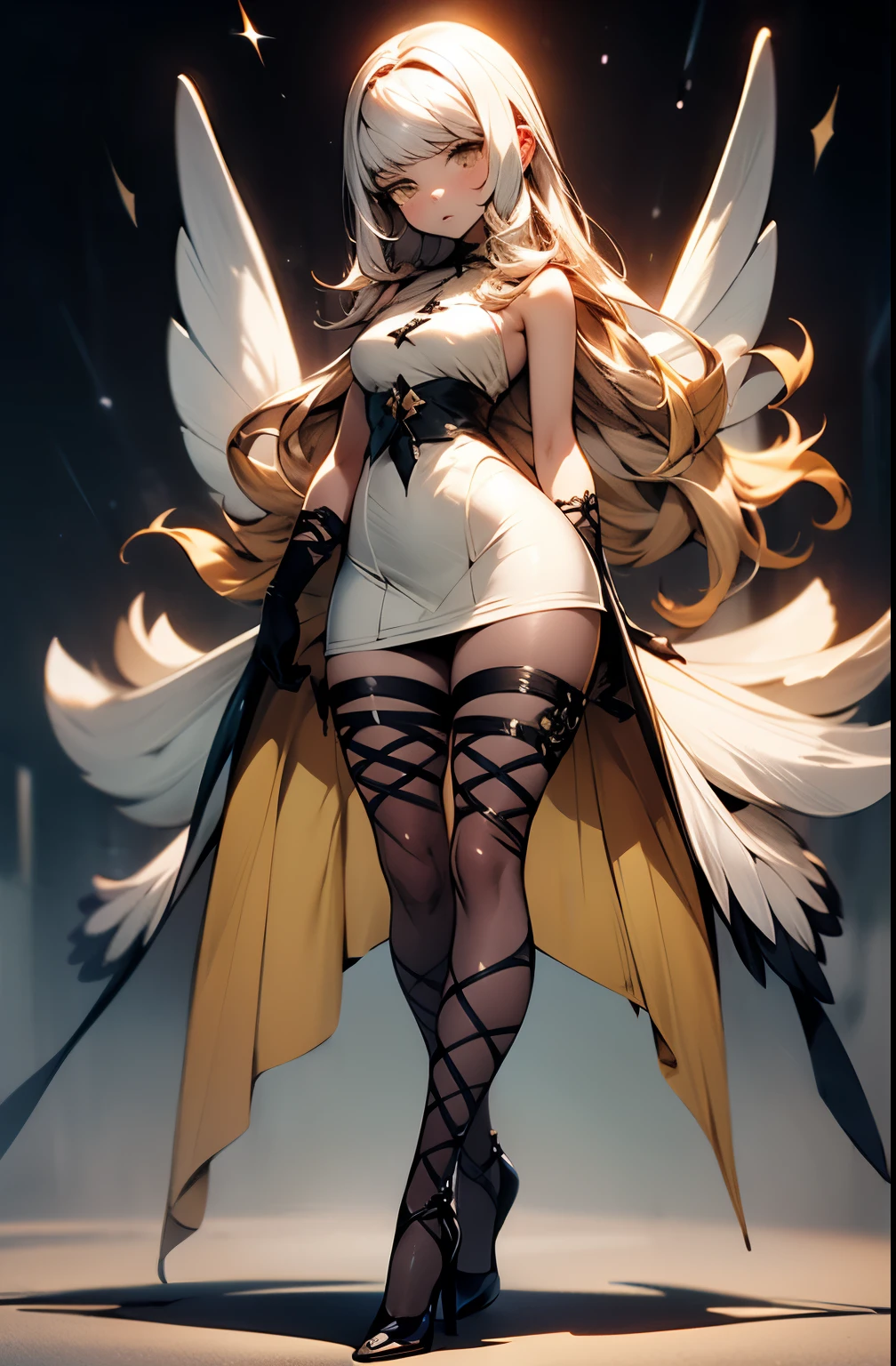 airy, bravely default, black gloves, high heels, FernFrieren, very long hair, yellow eyes, (gold pupils), looking down, straight-on,(fairy wings), expressionless, arms spread out, standing for battle, looking at viewer, large breasts,, ultra detailed, masterpiece, best quality, aesthetic, detailed, white hair, white dress, thick thighs, small feet,small waist