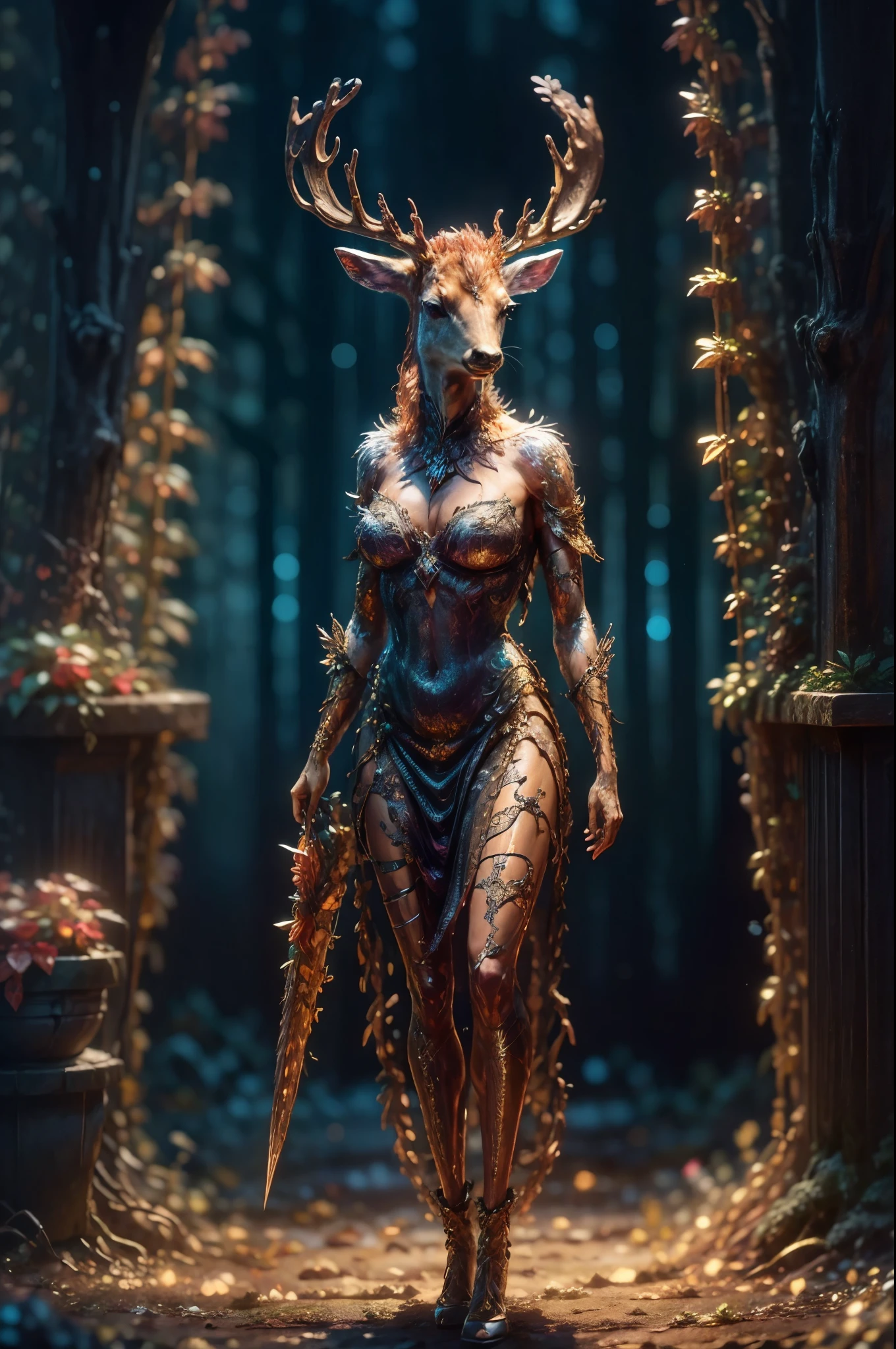A deer stands in the forest, forest spirit, magical forest, god of the forest, Majestic atmosphere, 8K Digital Art, digital art fantasy, A big deer emitting light from the inside., The presence of translucency, Spiritual dwelling , Fantastic jungle, The horns of the moose are large and sharp, Like a knife, And the horns are made of quartz,X-ray