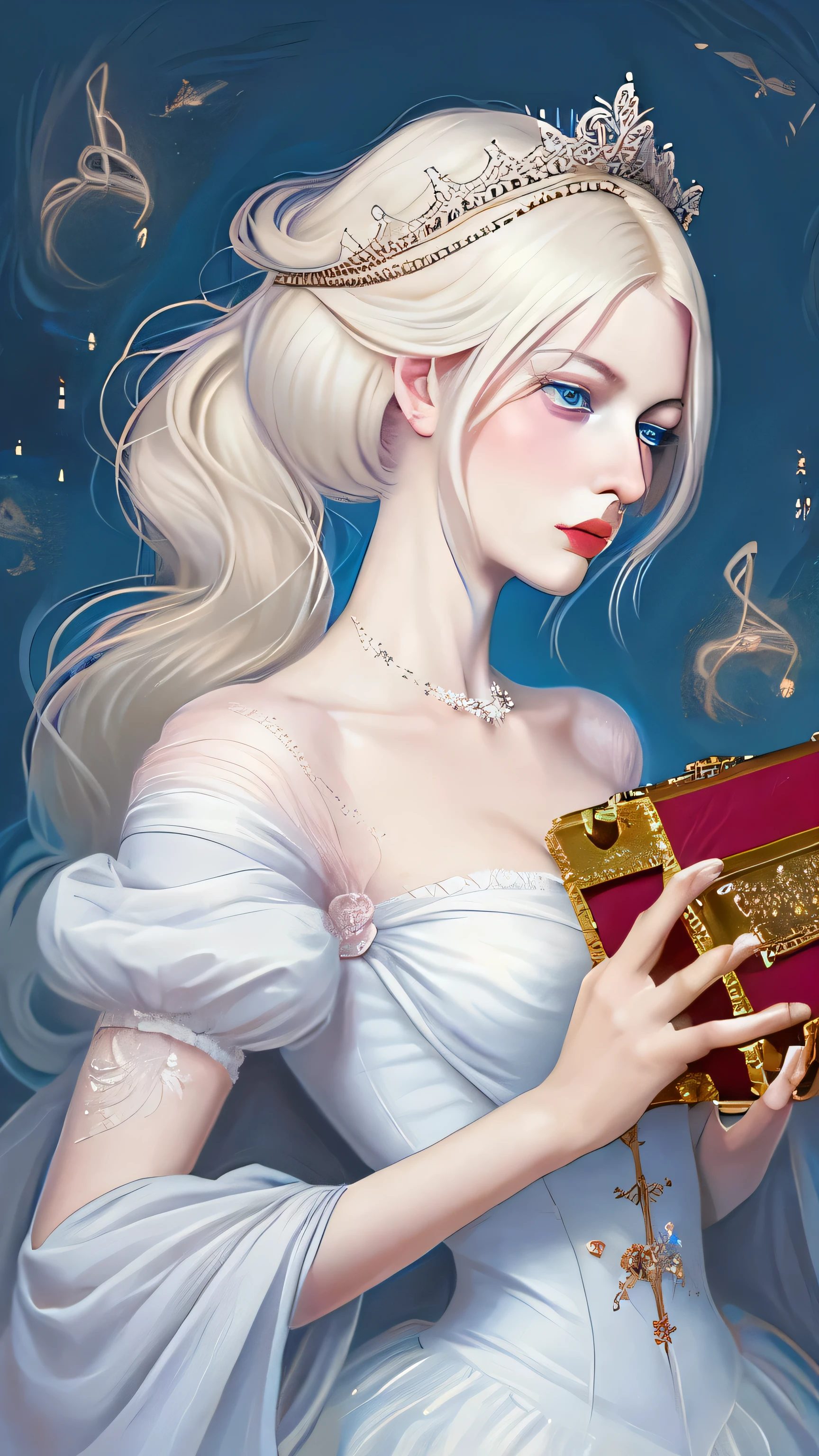 there is a woman in a white dress holding a Music Box, artwork in the style of guweiz, guweiz on pixiv artstation, guweiz on artstation pixiv, guweiz, fantasy art style, guweiz masterpiece, beautiful and elegant queen, beautiful character painting, detailed digital anime art, blonde - haired princess, White hair, sky blue eyes, pink lips