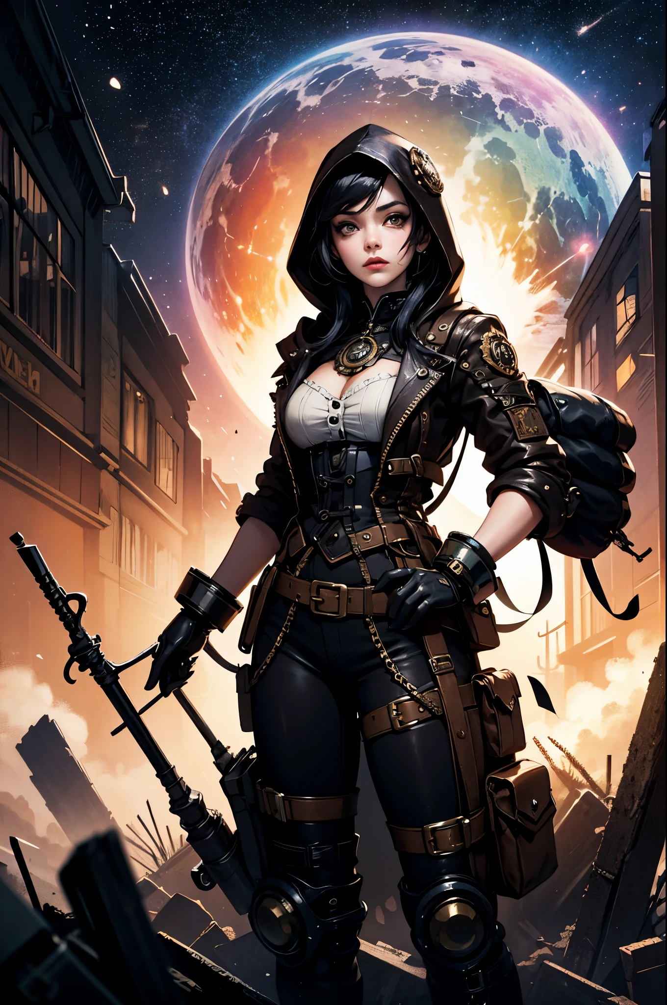 1girl,(black_hair, post apocalyptic, steampunk, hooded steampunk tactical gear and goggles:1.1),(zentangle, mandala, tangle, entangle:0.6),(fractal, atmospheric, psychedelic, aesthetic,,cosmic, colorful, dreamlike art),the most beautiful form of chaos,brutalist designed, metal fragments and debris blowing in the wind