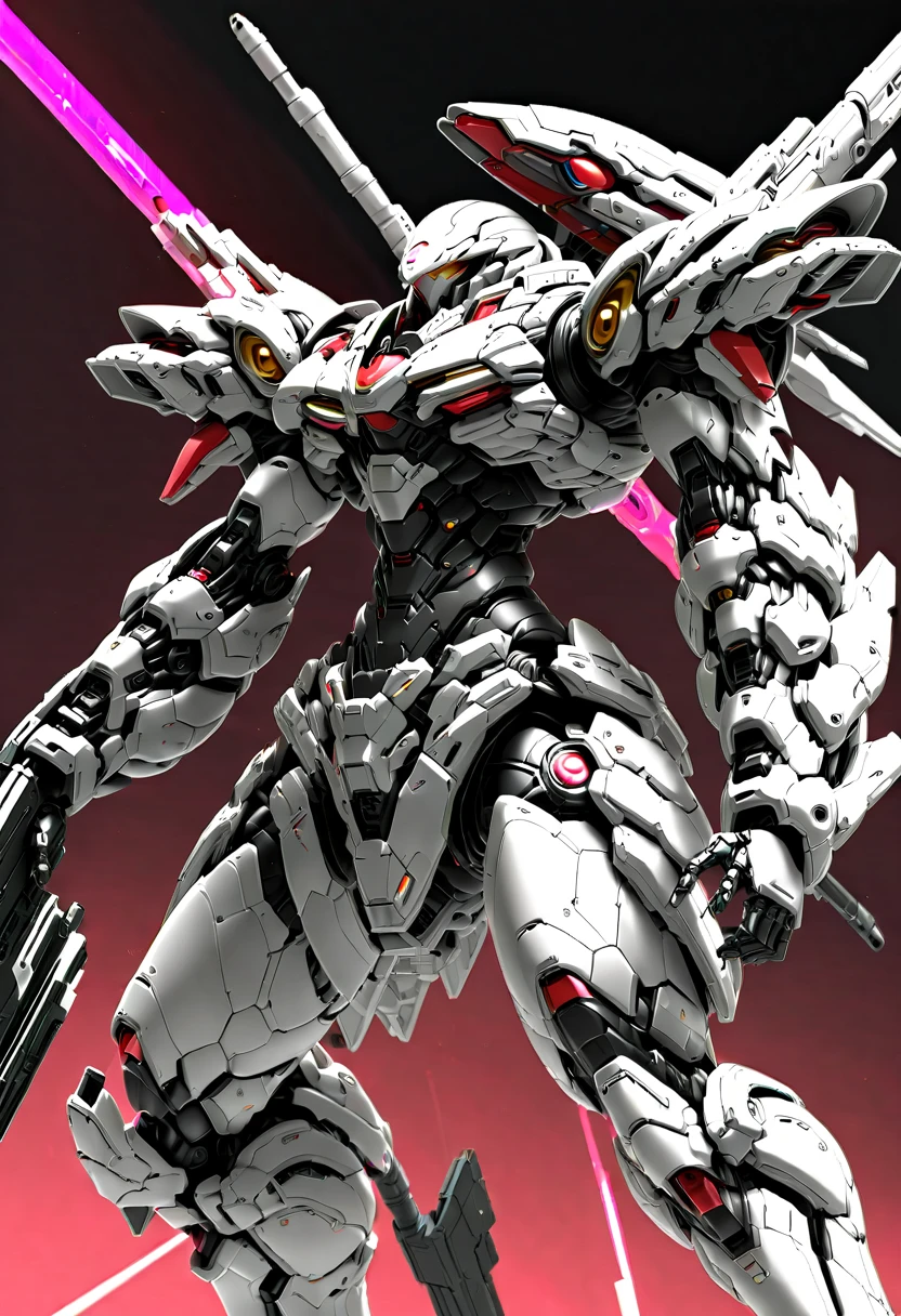 (远景:1.8), (全身照:1.5), A half-mechanical male warrior with cybernetic enhancements stands in a futuristic battlefield, aiming his rifle. His body is a complex assembly of intricate mechanical parts, cables, and gears, symbolizing the fusion of human and machine. The environment is a desolate, war-torn landscape, showcasing a stark contrast between the remnants of a once-civilized world and the advanced technology that now dominates. The warrior's posture is focused and determined, highlighting his readiness for combat. The details of his mechanical parts are meticulously designed, showing pistons, wires, and metal plates that interlock to create his formidable form. The scene is set during twilight, casting long shadows and creating a dramatic interplay of light and darkness, emphasizing the tension of the moment. This portrayal captures the essence of a futuristic warrior, blending elements of science fiction with a gritty realism, ，(眼睛正面看着观众:1.5)