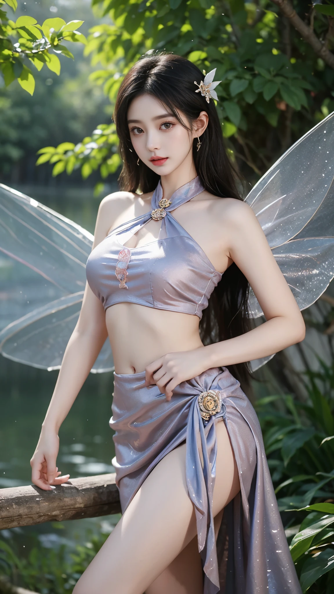 dress,navel, In the depths of Wonderland，The moonlight falls like water，foggy room，The figure of the heroine is vaguely visible，Just like the fairy in the painting，Slender sexy legs，Very nice legs，Leaking sexy legs，Big breasts，美丽而又带着一丝mystery的色彩。Her face is beautiful and delicate，Like finely carved jade，Showing otherworldly beauty。The eyebrows are picturesque，The waves in my eyes are like twinkling stars，Show the light of perseverance and wisdom。The bridge of the nose is straight，Lip color like cherry，The slightly raised corners of the mouth reveal confidence and calmness。Her face is well defined，The skin is as fair as jade，Reveals a healthy glow，Just like a fairy, she never eats fireworks in the world。Her makeup is light and delicate，Not too much embellishment，But enough to show her temperament and charm。Light-colored foundation brings out the transparency of the skin，A light eyebrow pencil outlines her perfect eyebrow shape，Eye makeup is eye shadow and eyeliner，Make her eyes brighter and more energetic。嘴唇涂上grace的口红，Adds a bit of charm and sophistication。她的衣服grace别致，Clothes flutter，It seems like it will be blown up by the wind at any time，drifting into the distance。既不失grace，Also showed her extraordinary skills。A wide belt is tied around the waist，There is a crystal clear jade pendant hanging on it，Rocking with her movements。Her hair is tied back casually，Secure it with a hosta，A few strands of hair are fluttering gently in the wind，Adds a bit of softness。Her figure is looming in the fairyland，宛如一道Big breasts美丽的风景线，attracted everyone&#39;s attention。She seems to be a fairy in wonderland，Big breasts美丽、grace、mystery、and full of power。