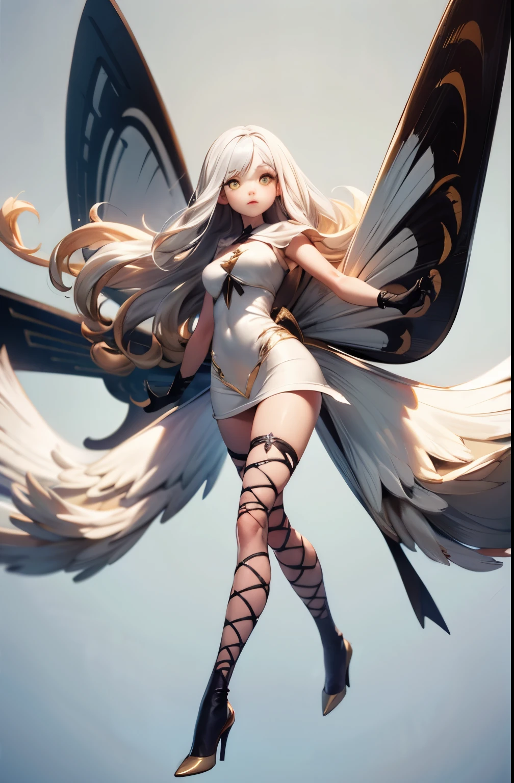 airy, bravely default, black gloves, high heels,  FernFrieren, very long hair, yellow eyes, (gold pupils), looking down, straight-on,(fairy wings), expressionless, arms spread out, standing for battle, looking at viewer, large breasts,, ultra detailed, masterpiece, best quality, aesthetic, detailed, white hair, white dress, thick thighs, small feet,small waist