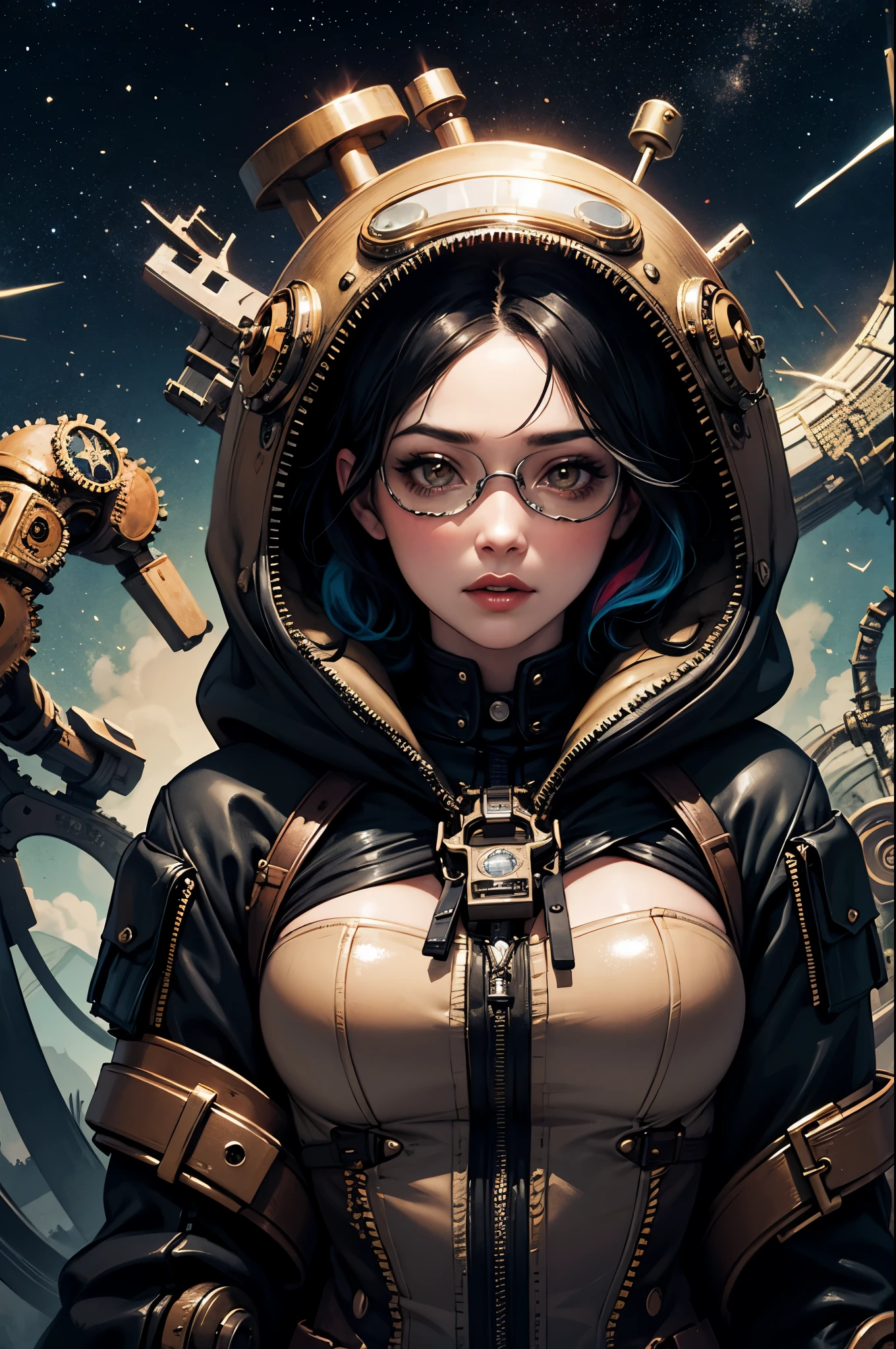 1girl,(black_hair, post apocalyptic, steampunk, hooded steampunk tactical gear and goggles:1.1),(zentangle, mandala, tangle, entangle:0.6),(fractal, atmospheric, psychedelic, aesthetic,,cosmic, colorful, dreamlike art),the most beautiful form of chaos,brutalist designed, metal fragments and debris blowing in the wind