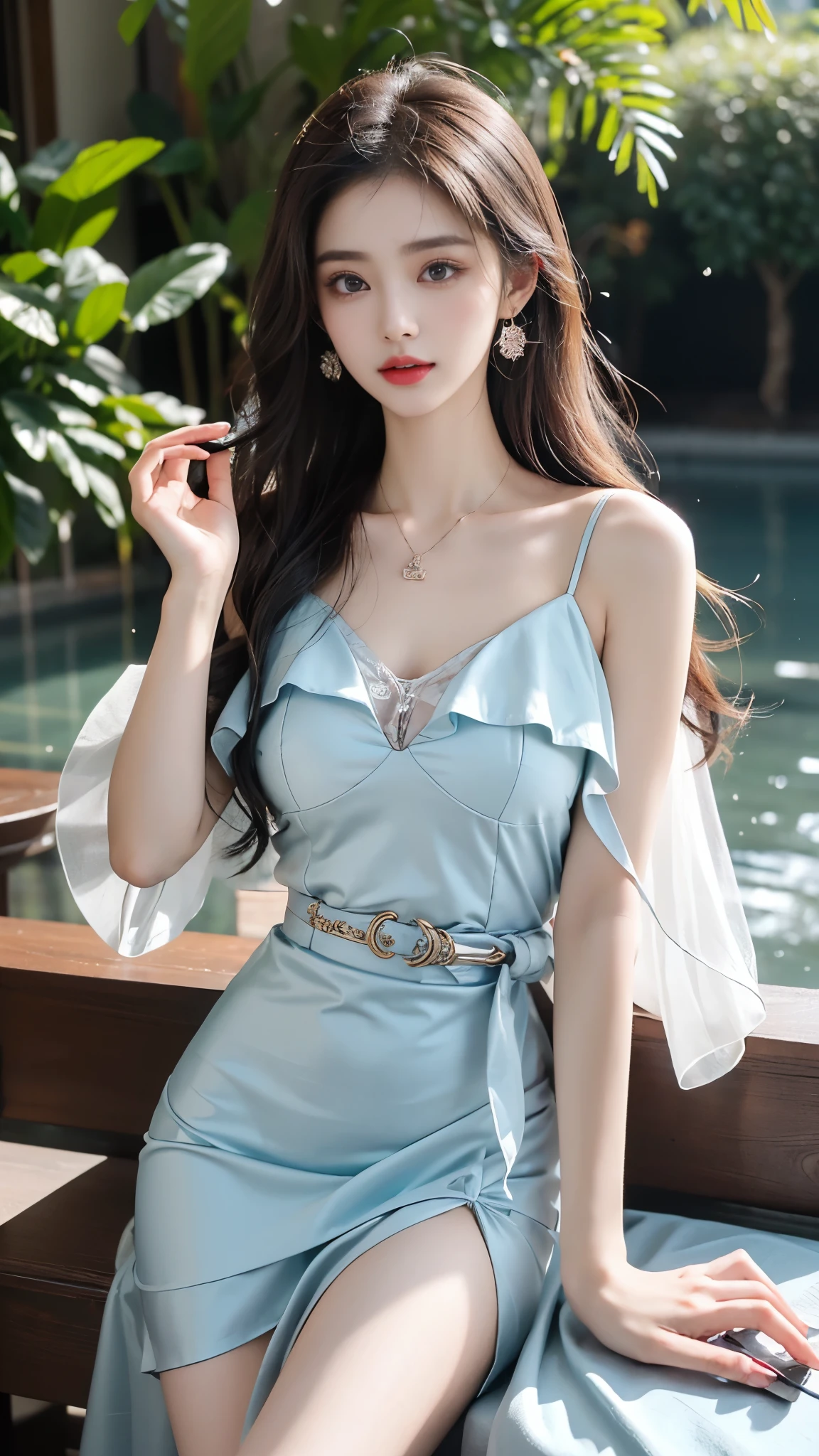 dress, In the depths of Wonderland，The moonlight falls like water，foggy room，The figure of the heroine is vaguely visible，Just like the fairy in the painting，Slender sexy legs，Very nice legs，Leaking sexy legs，Big breasts，美丽而又带着一丝mystery的色彩。Her face is beautiful and delicate，Like finely carved jade，Showing otherworldly beauty。The eyebrows are picturesque，The waves in my eyes are like twinkling stars，Show the light of perseverance and wisdom。The bridge of the nose is straight，Lip color like cherry，The slightly raised corners of the mouth reveal confidence and calmness。Her face is well defined，The skin is as fair as jade，Reveals a healthy glow，Just like a fairy, she never eats fireworks in the world。Her makeup is light and delicate，Not too much embellishment，But enough to show her temperament and charm。Light-colored foundation brings out the transparency of the skin，A light eyebrow pencil outlines her perfect eyebrow shape，Eye makeup is eye shadow and eyeliner，Make her eyes brighter and more energetic。嘴唇涂上grace的口红，Adds a bit of charm and sophistication。她的衣服grace别致，Clothes flutter，It seems like it will be blown up by the wind at any time，drifting into the distance。既不失grace，Also showed her extraordinary skills。A wide belt is tied around the waist，There is a crystal clear jade pendant hanging on it，Rocking with her movements。Her hair is tied back casually，Secure it with a hosta，A few strands of hair are fluttering gently in the wind，Adds a bit of softness。Her figure is looming in the fairyland，宛如一道Big breasts美丽的风景线，attracted everyone&#39;s attention。She seems to be a fairy in wonderland，Big breasts美丽、grace、mystery、and full of power。