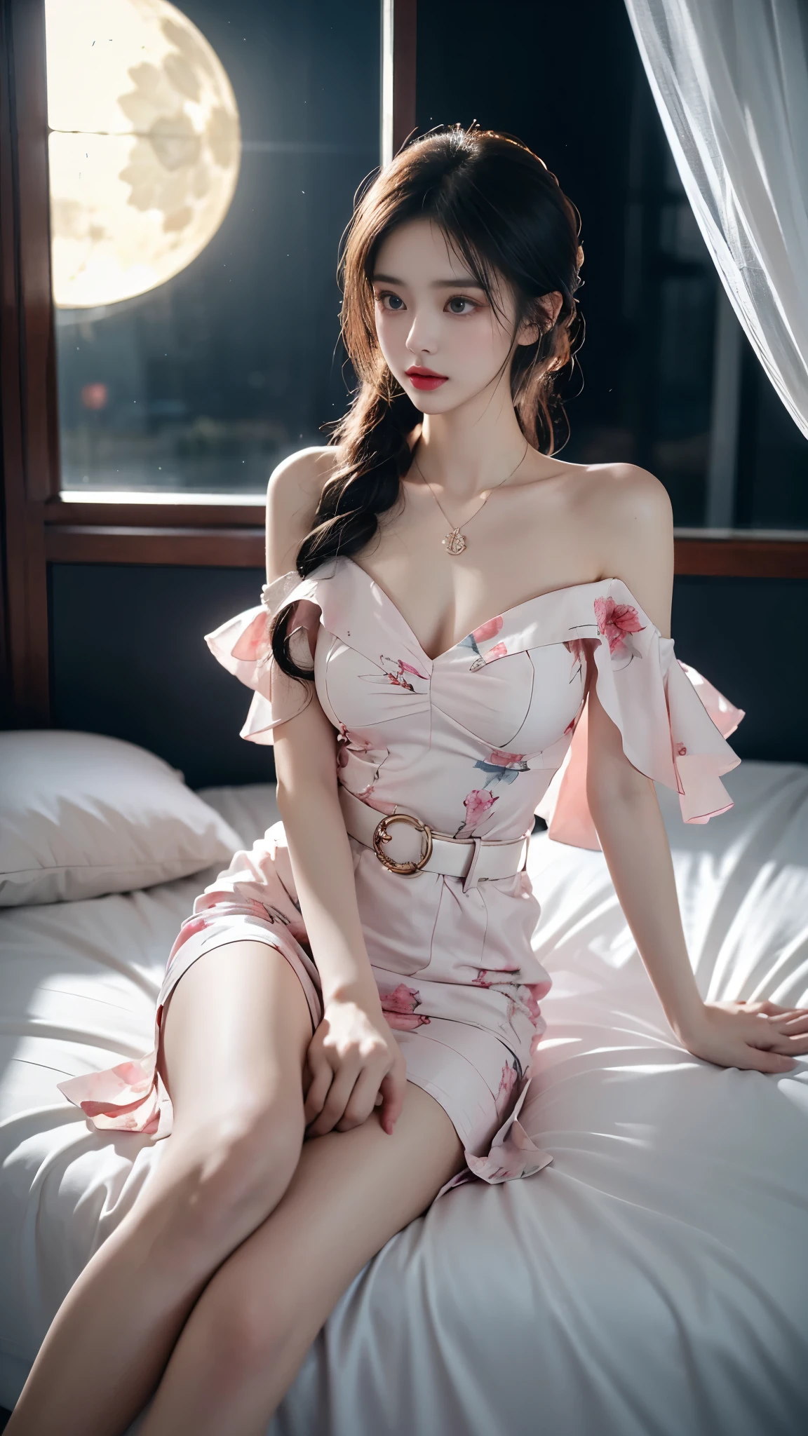 print dress, off shoulder, In the depths of Wonderland，The moonlight falls like water，foggy room，The figure of the heroine is vaguely visible，Just like the fairy in the painting，Slender sexy legs，Very nice legs，Leaking sexy legs，Big breasts，美丽而又带着一丝mystery的色彩。Her face is beautiful and delicate，Like finely carved jade，Showing otherworldly beauty。The eyebrows are picturesque，The waves in my eyes are like twinkling stars，Show the light of perseverance and wisdom。The bridge of the nose is straight，Lip color like cherry，The slightly raised corners of the mouth reveal confidence and calmness。Her face is well defined，The skin is as fair as jade，Reveals a healthy glow，Just like a fairy, she never eats fireworks in the world。Her makeup is light and delicate，Not too much embellishment，But enough to show her temperament and charm。Light-colored foundation brings out the transparency of the skin，A light eyebrow pencil outlines her perfect eyebrow shape，Eye makeup is eye shadow and eyeliner，Make her eyes brighter and more energetic。嘴唇涂上grace的口红，Adds a bit of charm and sophistication。她的衣服grace别致，Clothes flutter，It seems like it will be blown up by the wind at any time，drifting into the distance。既不失grace，Also showed her extraordinary skills。A wide belt is tied around the waist，There is a crystal clear jade pendant hanging on it，Rocking with her movements。Her hair is tied back casually，Secure it with a hosta，A few strands of hair are fluttering gently in the wind，Adds a bit of softness。Her figure is looming in the fairyland，宛如一道Big breasts美丽的风景线，attracted everyone&#39;s attention。She seems to be a fairy in wonderland，Big breasts美丽、grace、mystery、and full of power。