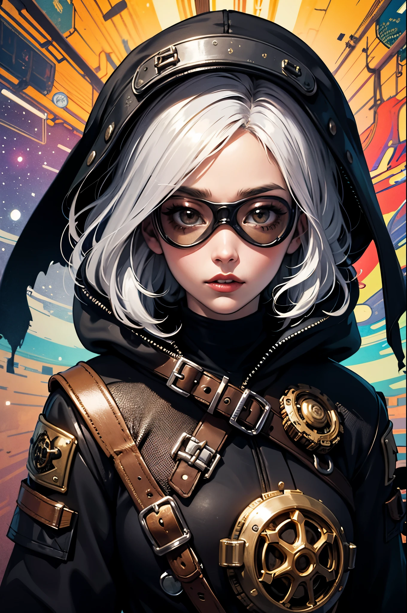 1girl,(platinum_hair, post apocalyptic, steampunk, hooded steampunk tactical gear and goggles:1.1),(zentangle, mandala, tangle, entangle:0.6),(fractal, atmospheric, psychedelic, aesthetic,,cosmic, colorful, dreamlike art),the most beautiful form of chaos,brutalist designed, metal fragments and debris blowing in the wind