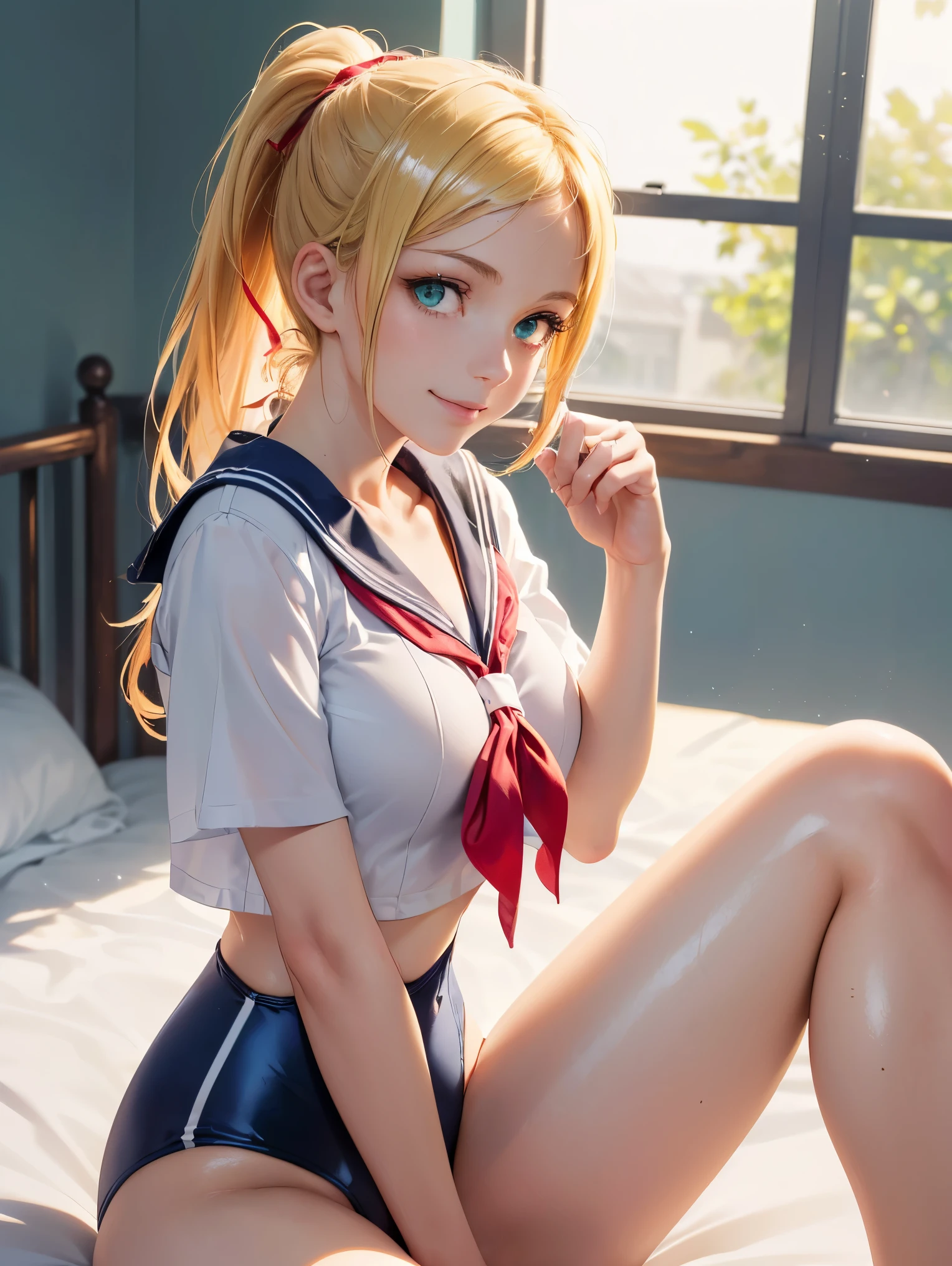 (1 woman), school swimsuit, ((Blue One Piece Swimsuit)), (Sailor school uniform only for the upper body), (white short shirt), ((Crop Top shirt)), summer clothes, Red Ribbon Tie, masterpiece, Best Quality, High quality, High Definition, Finely detailed, Detailed texture, realistic representation of face, Realistic, Colorful, Ray tracing, (((lighting forward))), smile, (((eyes focus))), (glowing eyes),  (Detailed beautiful delicate face, Detailed beautiful eyes, A perfectly proportioned face, High detailed skin, best ratio four finger and one thumb, (((Glowing white shiny skin))), (((Open legs))), small breasts,   ((sitting on a bed with one knee up)), ((Smooth texture, Realistic texture, Photorealistic)), (((Green eyes))), (((blonde semi-long hair, ponytail))),  (Beautiful face, Cute face, Detailed face)