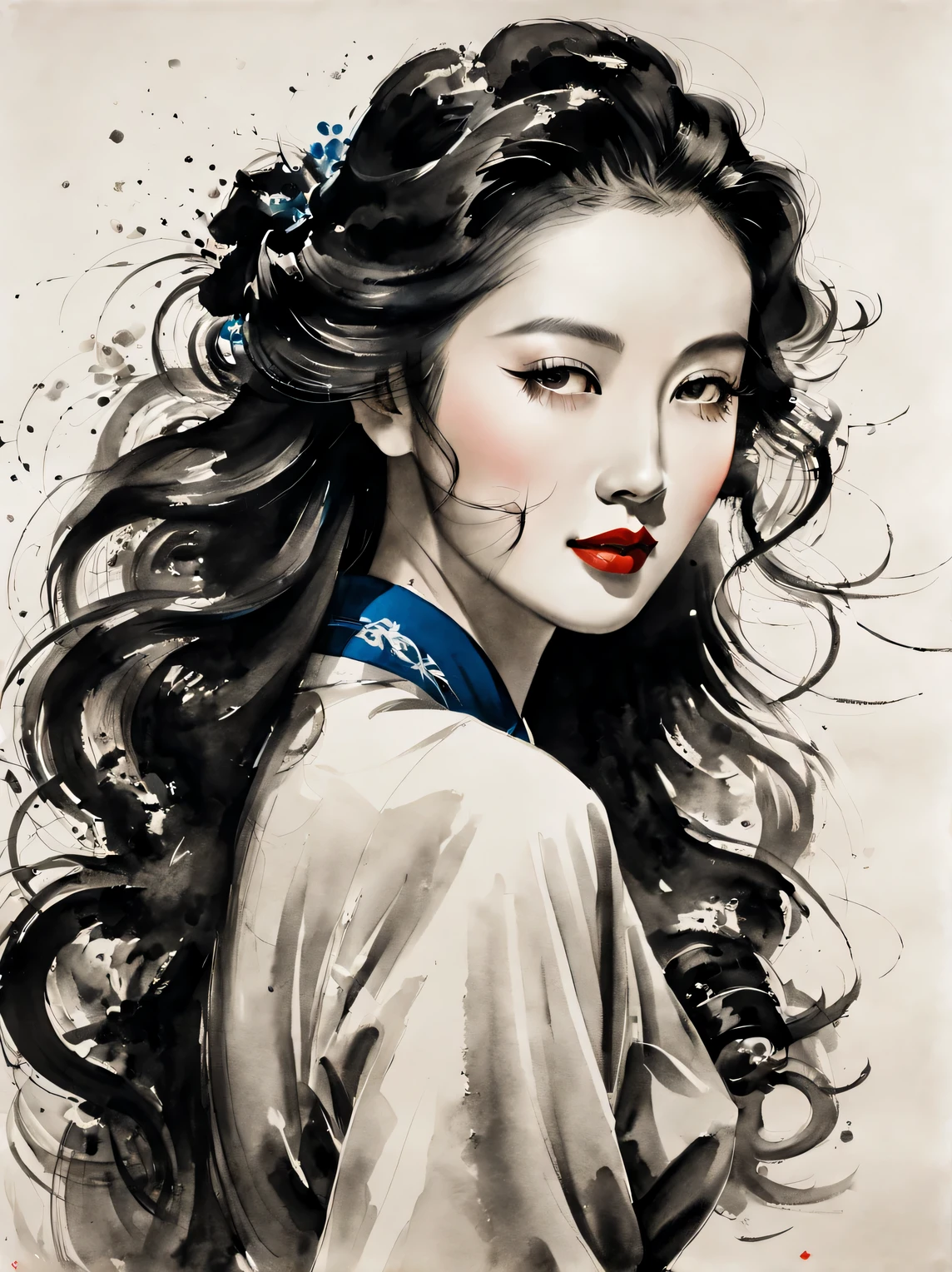 A beautiful Chinese ink painting portrait of a woman in the 1930s, Long curly hair and modern evening wear, resembling Chinese actress Xin Zhilei. it features cinematography, Fashion, top lighting, close-up, spotlight, hazy, line art, ink painting, Minimalism, modernity, impressionistic, and line art,