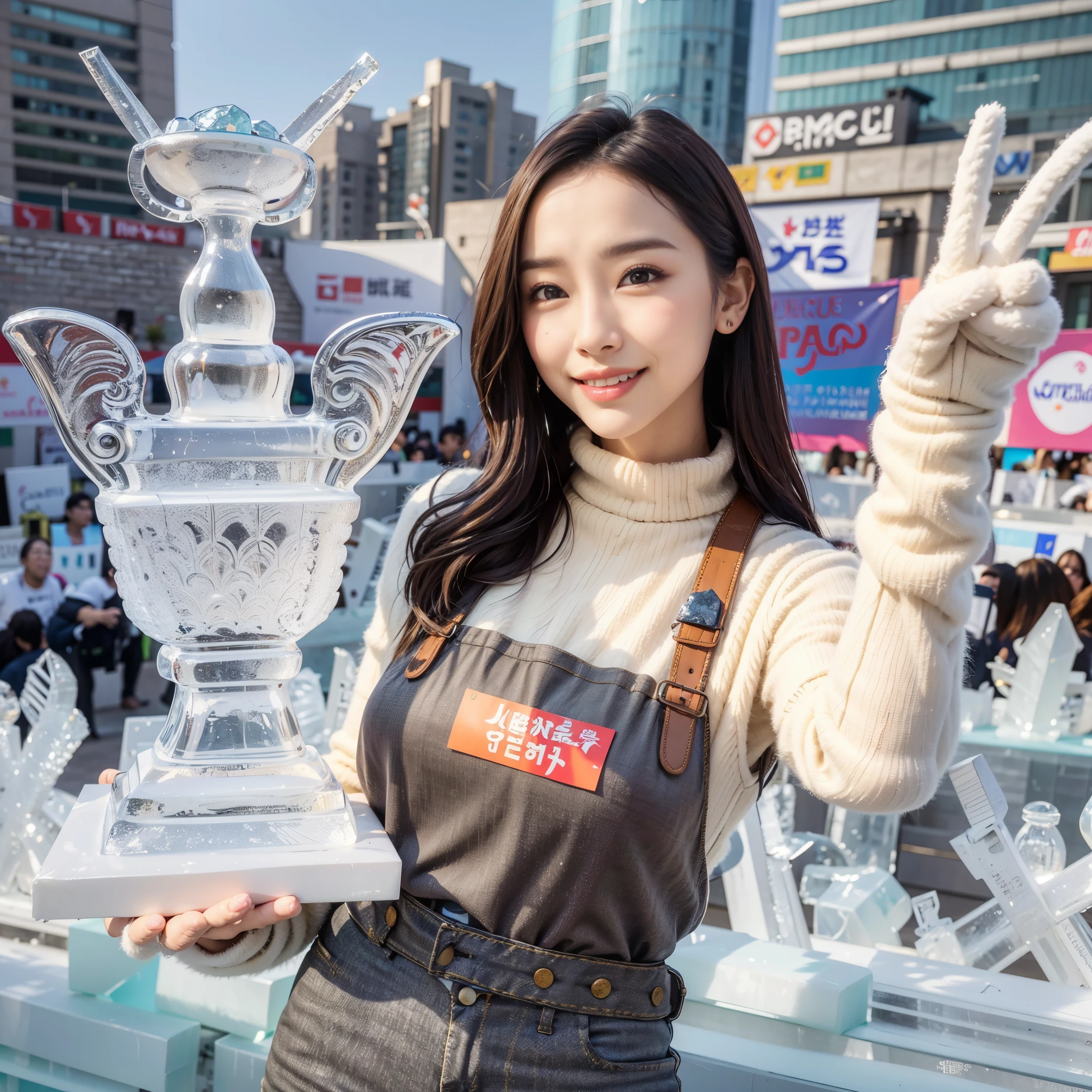 araffe woman holding a large Ice sculpture in front of a crowd, Ice sculpture, cold as ice! 🧊, Brilliant smile 1.5, Ice sculpture, Dilraba Dilmurat, Made of ice, Frozen ice statue, Inspired by Kim Jung Hee, crystal, female Made of ice, Lee Ji Eun, Lee Ji Eun