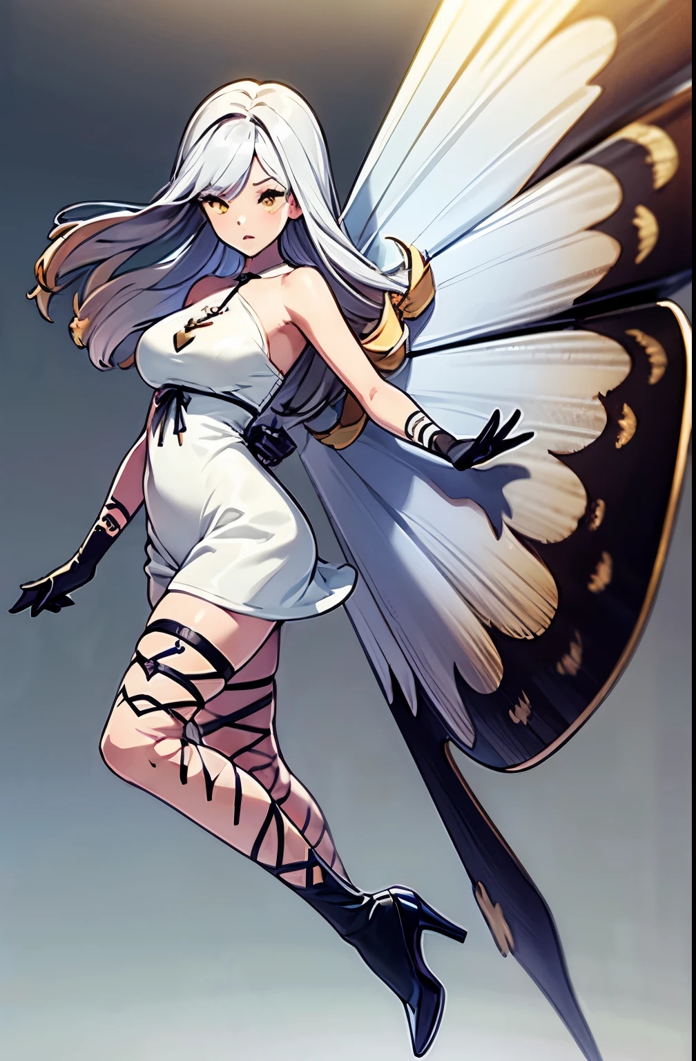 airy, bravely default, black gloves, high heels,  FernFrieren, very long hair, yellow eyes, (gold pupils), looking down, straight-on,(fairy wings), expressionless, arms spread out, standing for battle, looking at viewer, large breasts,, ultra detailed, masterpiece, best quality, aesthetic, detailed, white hair, white dress, thick thighs, small feet,small waist