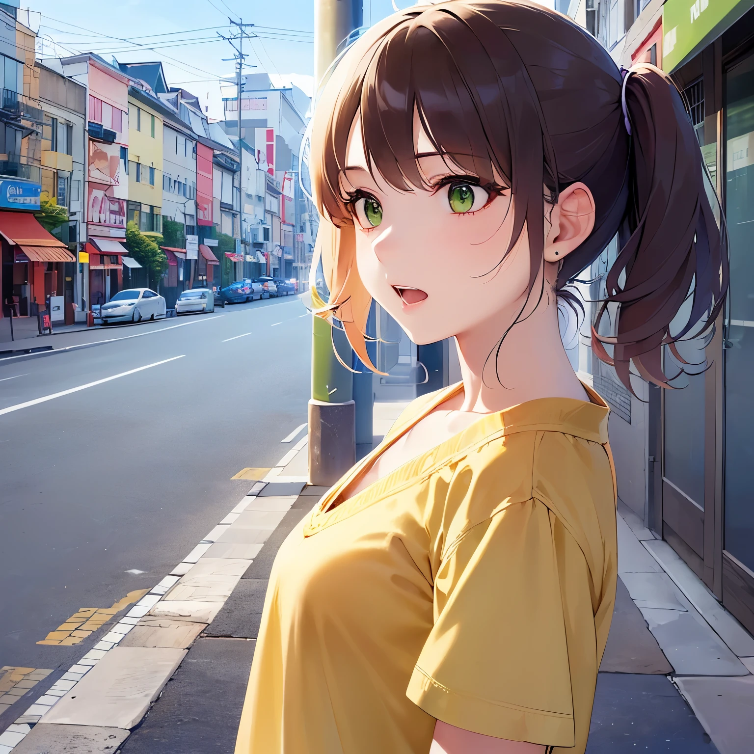night, (looking away:1.5), cinematic angle, medium shot, Realistic, real person, RAW photo, photorealistic, portrait photography, shiny skin, japanese idol、(A 20-year-old woman with green eyes and chestnut bangs.) and (side ponytail), (Yelow Short-sleeved blouse:1.5)、(panicking:1.2), open mouth, Alone、Are standing、Background outside