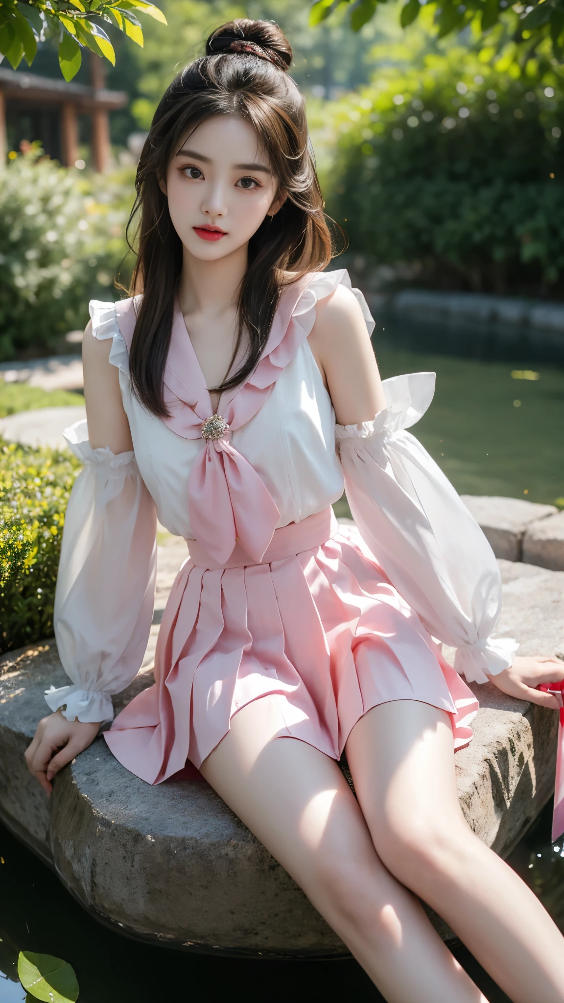 pleated skirt,pink skirt,pink sailor collar, In the depths of Wonderland，The moonlight falls like water，foggy room，The figure of the heroine is vaguely visible，Just like the fairy in the painting，Slender sexy legs，Very nice legs，Leaking sexy legs，Big breasts，美丽而又带着一丝mystery的色彩。Her face is beautiful and delicate，Like finely carved jade，Showing otherworldly beauty。The eyebrows are picturesque，The waves in my eyes are like twinkling stars，Show the light of perseverance and wisdom。The bridge of the nose is straight，Lip color like cherry，The slightly raised corners of the mouth reveal confidence and calmness。Her face is well defined，The skin is as fair as jade，Reveals a healthy glow，Just like a fairy, she never eats fireworks in the world。Her makeup is light and delicate，Not too much embellishment，But enough to show her temperament and charm。Light-colored foundation brings out the transparency of the skin，A light eyebrow pencil outlines her perfect eyebrow shape，Eye makeup is eye shadow and eyeliner，Make her eyes brighter and more energetic。嘴唇涂上grace的口红，Adds a bit of charm and sophistication。她的衣服grace别致，Clothes flutter，It seems like it will be blown up by the wind at any time，drifting into the distance。既不失grace，Also showed her extraordinary skills。A wide belt is tied around the waist，There is a crystal clear jade pendant hanging on it，Rocking with her movements。Her hair is tied back casually，Secure it with a hosta，A few strands of hair are fluttering gently in the wind，Adds a bit of softness。Her figure is looming in the fairyland，宛如一道Big breasts美丽的风景线，attracted everyone&#39;s attention。She seems to be a fairy in wonderland，Big breasts美丽、grace、mystery、and full of power。