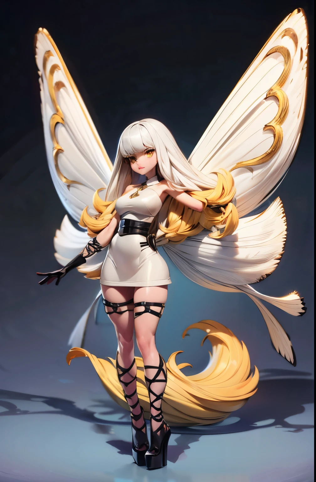 airy, bravely default, black gloves, high heels,  FernFrieren, very long hair, yellow eyes, (gold pupils), looking down, straight-on,(fairy wings), expressionless, arms spread out, standing for battle, looking at viewer, large breasts,, ultra detailed, masterpiece, best quality, aesthetic, detailed, white hair, white dress, thick thighs, small feet,small waist