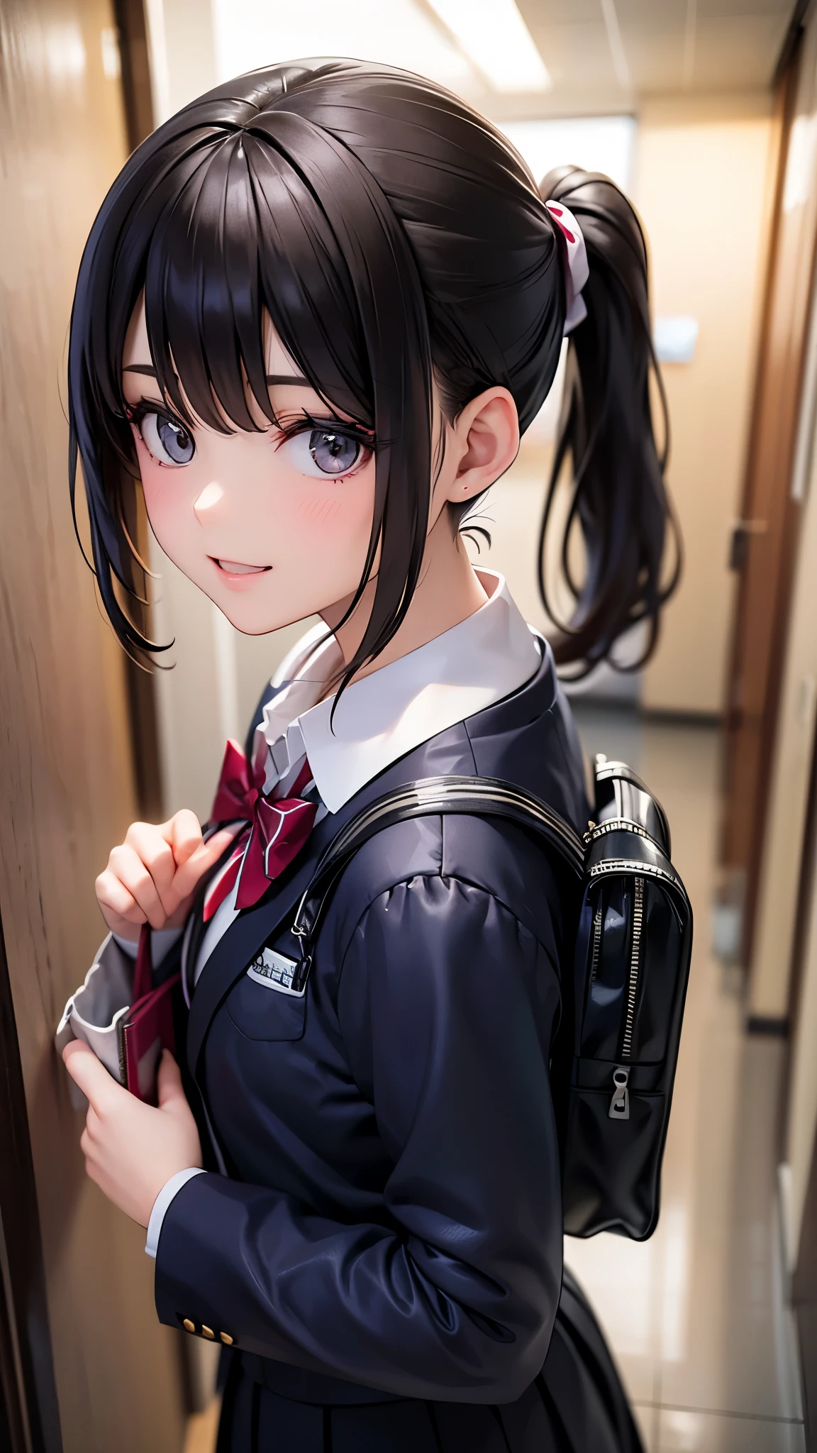 masterpiece, best quality, highly detailed illustration, detailed beautiful face, perfect anatomy, photo realistic,Take a picture of the whole body,  woman,high school student,boyish,stylish,slanted eyes,Hair style is ponytail,wearing school uniform,Being in the school hallway,I have a bag,I'm grinning
