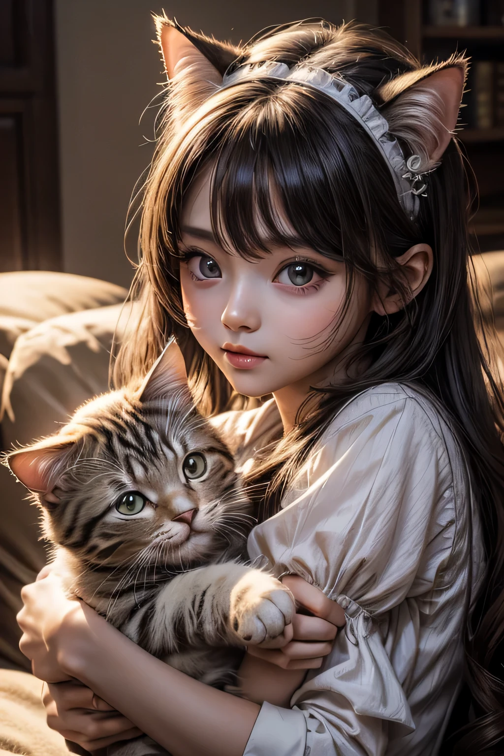 High resolution、8k、personification、cat girl、So cute、baby face、cat character、close-up image、round eyes