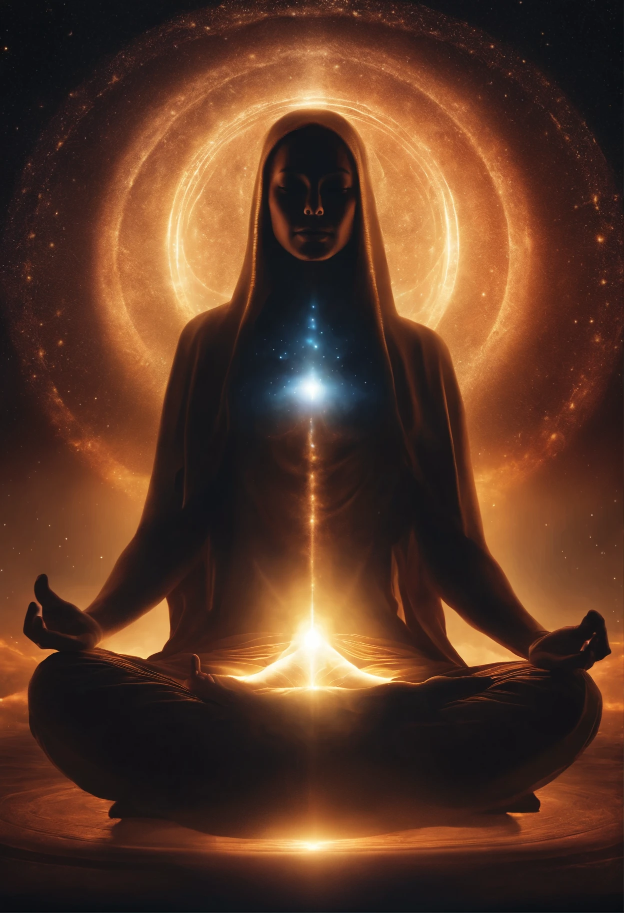 person sits in lotus position，There&#39;s a glowing halo above it, Shining divine aura, spiritual enlightenment, cosmic enlightenment, Shining dark aura, Shining electric aura, liquid luminous aura, glowing black aura, shining aura, 白くshining aura, Give off a glittering aura, enlightenment, Inverted dark glowing aura of power, enlightenment. Complex, elven spirit meditating in space,Many souls are connected like the internet,soul,A large number of people,