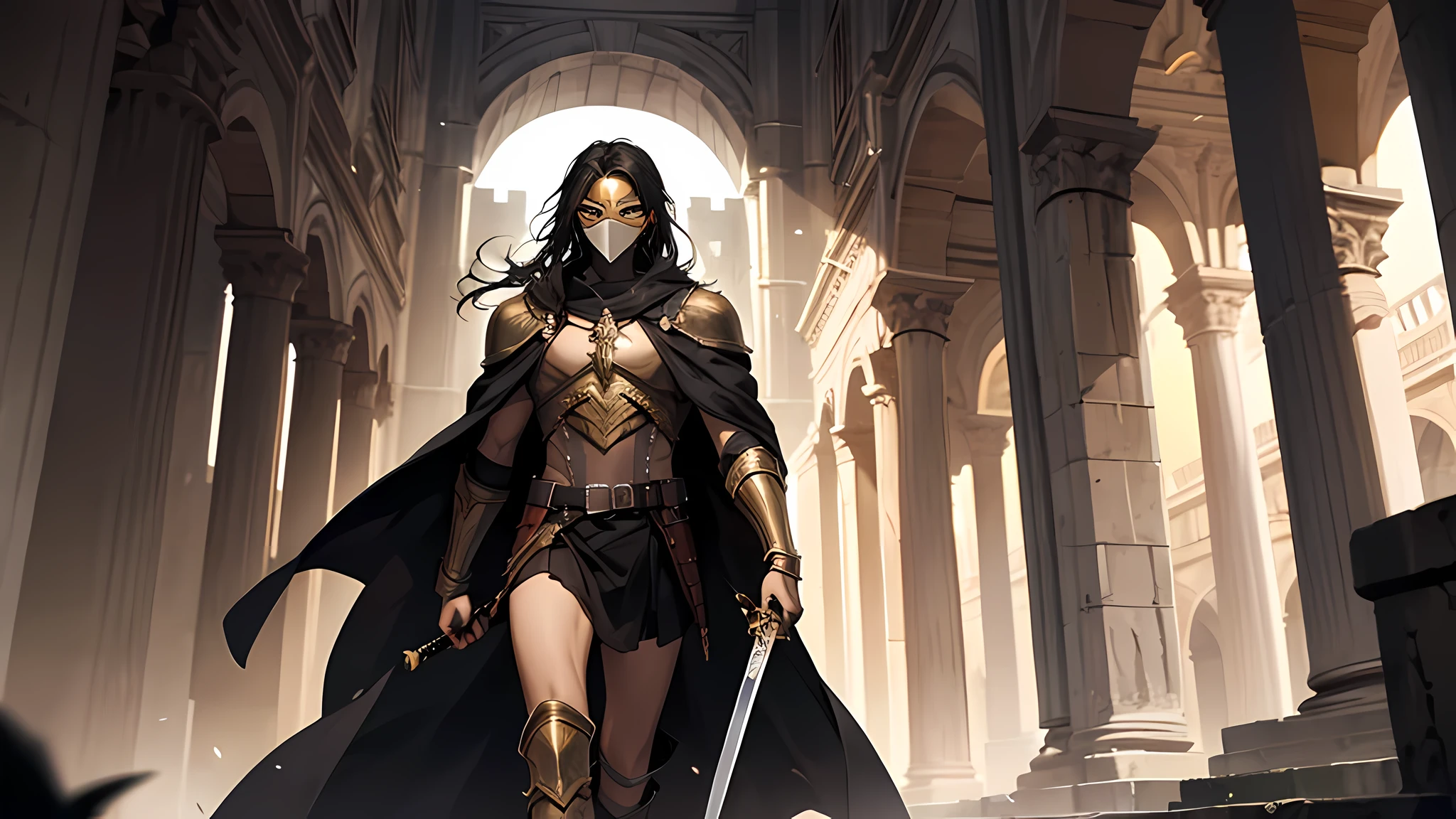 thin young man, dark skin wearing mask, V-shaped vendetta wears a golden mask, holding sword, in a center of colloseum arena, gladiator, long black hair tied up, walking calmly, respected