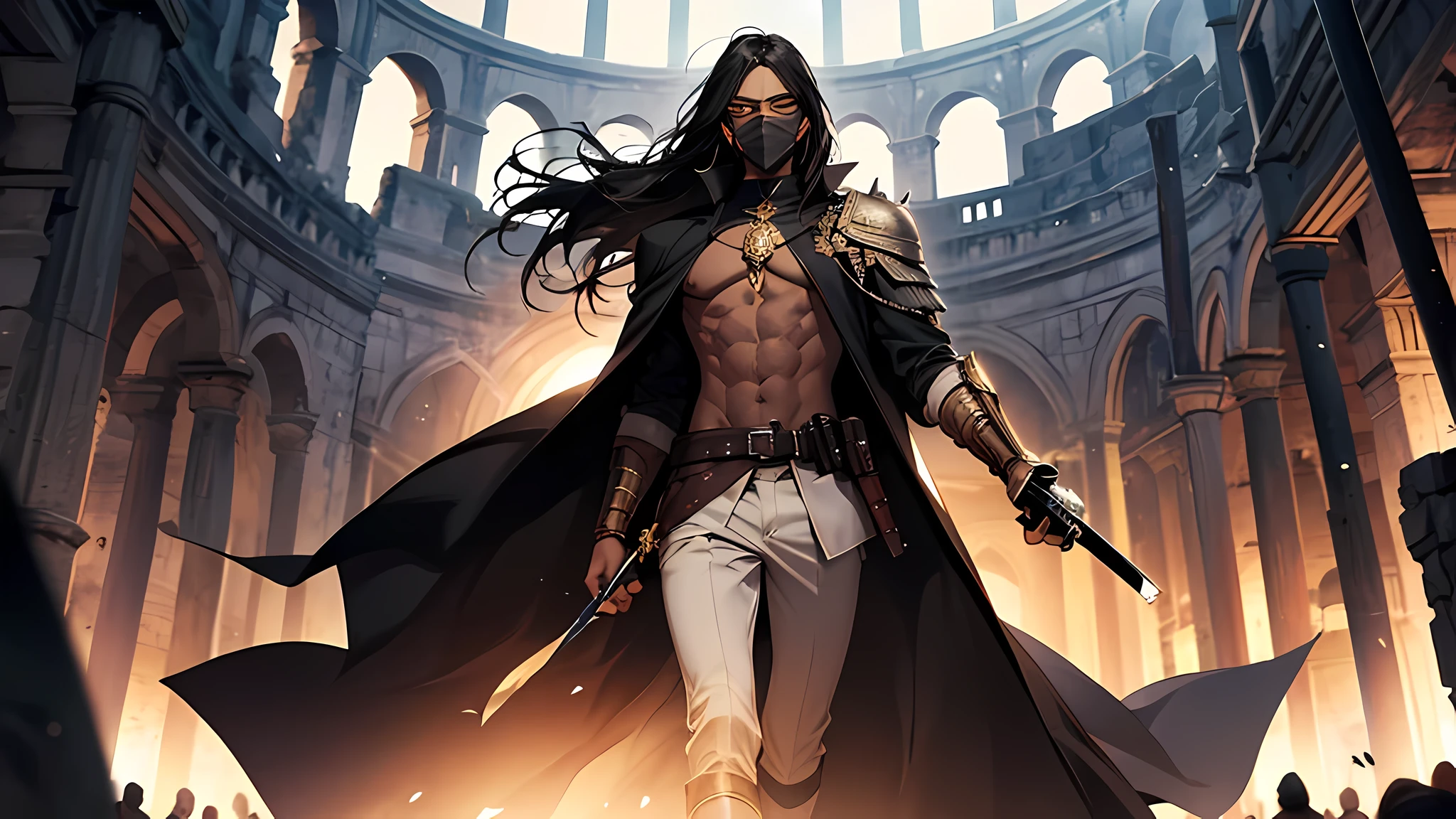 thin young man, dark skin wearing mask, V-shaped vendetta wears a golden mask, holding sword, in a center of colloseum arena, gladiator, long black hair tied up, walking calmly, respected