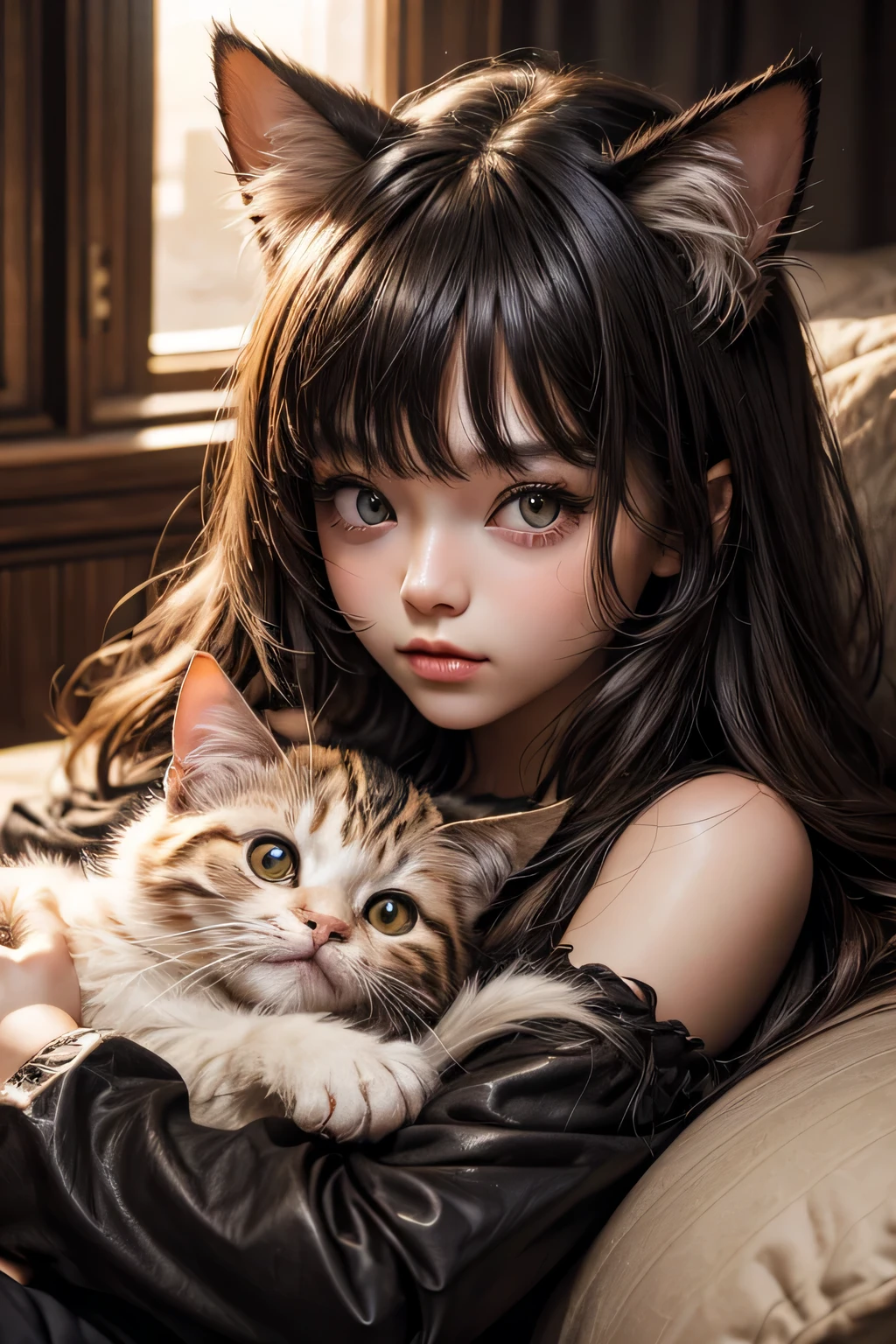 Araffe girl with cat ears and a cat tail on her head - SeaArt AI