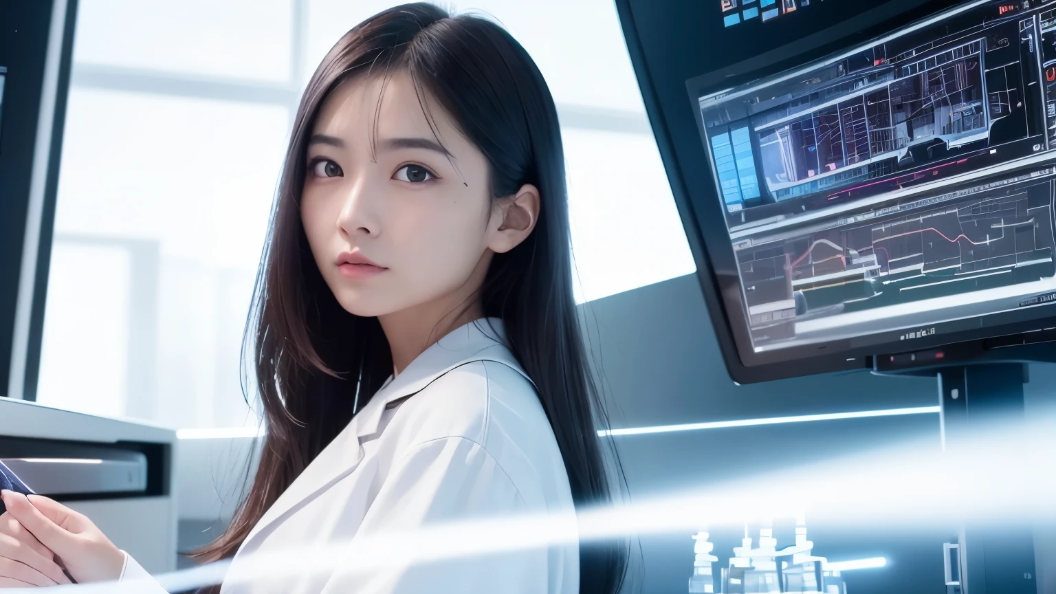 (best quality,4k,highres:1.2),panoramic view, futuristic, cutting-edge technology, researcher, laboratory, mysterious device, advanced technology, surveillance device, young assistant wearing a white coat looking at monitors, long black hair, wearing a white blouse, surprised expression, high-tech equipment, ultra-detailed, vivid colors, professional lighting, realistic, sci-fi, panoramic view, sharp focus, monitors, laboratory scenery, advanced technology, advanced research, cutting-edge technology experimentation.