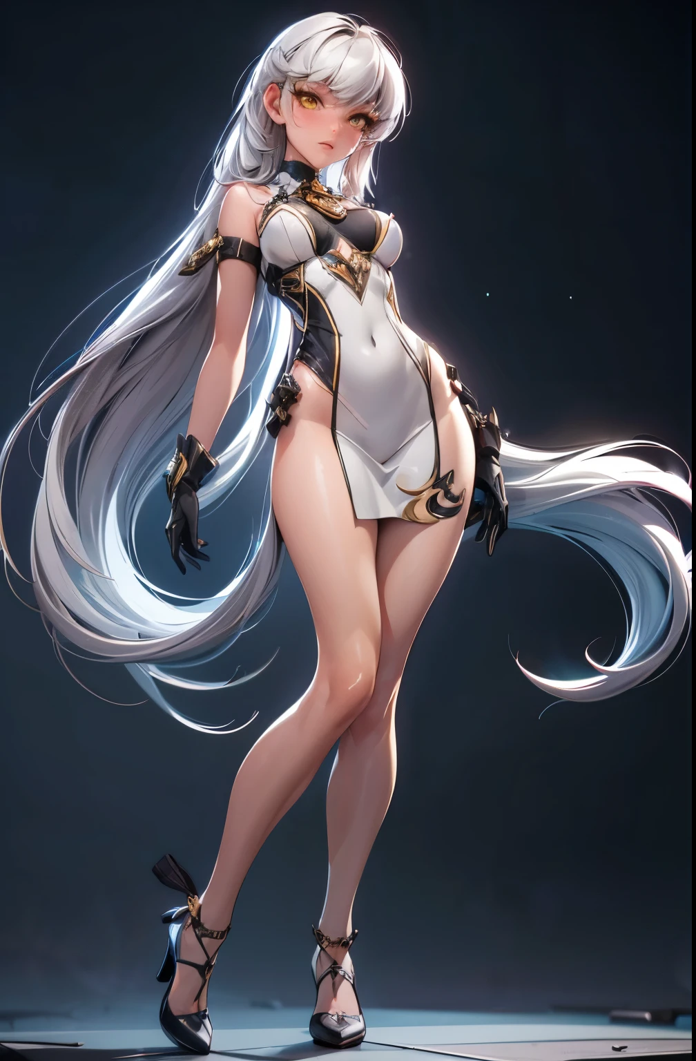 black gloves, high heels,  FernFrieren, very long hair, yellow eyes, (gold pupils), looking down, straight-on, expressionless, arms spread out, standing for battle, looking at viewer, large breasts,, ultra detailed, masterpiece, best quality, aesthetic, detailed, white hair, white dress, thick thighs, small feet,small waist