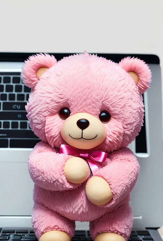 Pink teddy bear standing next to typing on keyboard