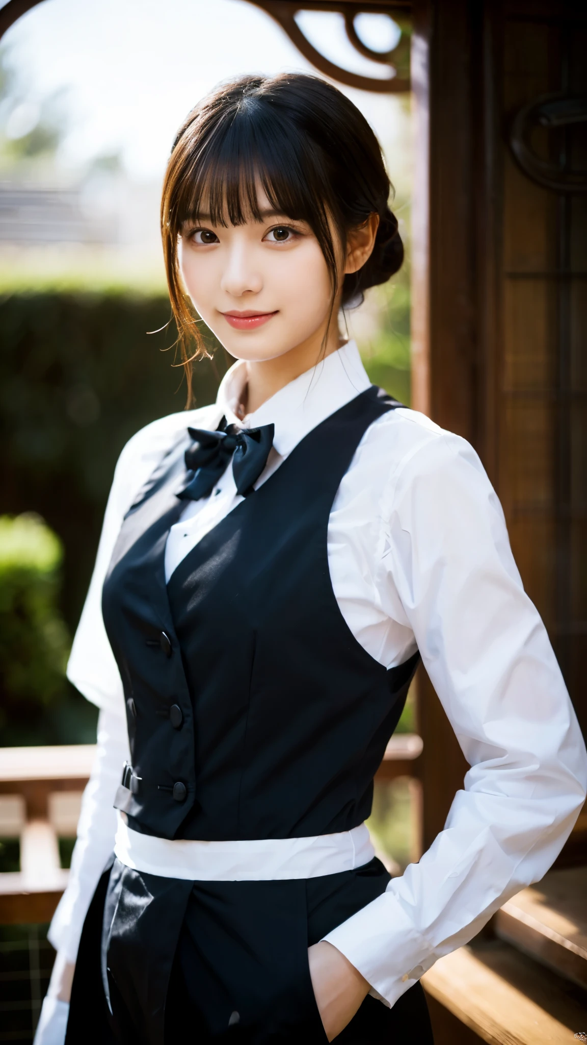 (highest quality,masterpiece:1.3,ultra high resolution),(Super detailed,caustics,8k),(photorealistic:1.4,RAW shooting),girl dressed as a butler,Japanese,Handsome guy,20-year-old,black hair short cut,looking at the camera,Inside a Western-style mansion,shot from the waist up,front,Warm light,professional writing