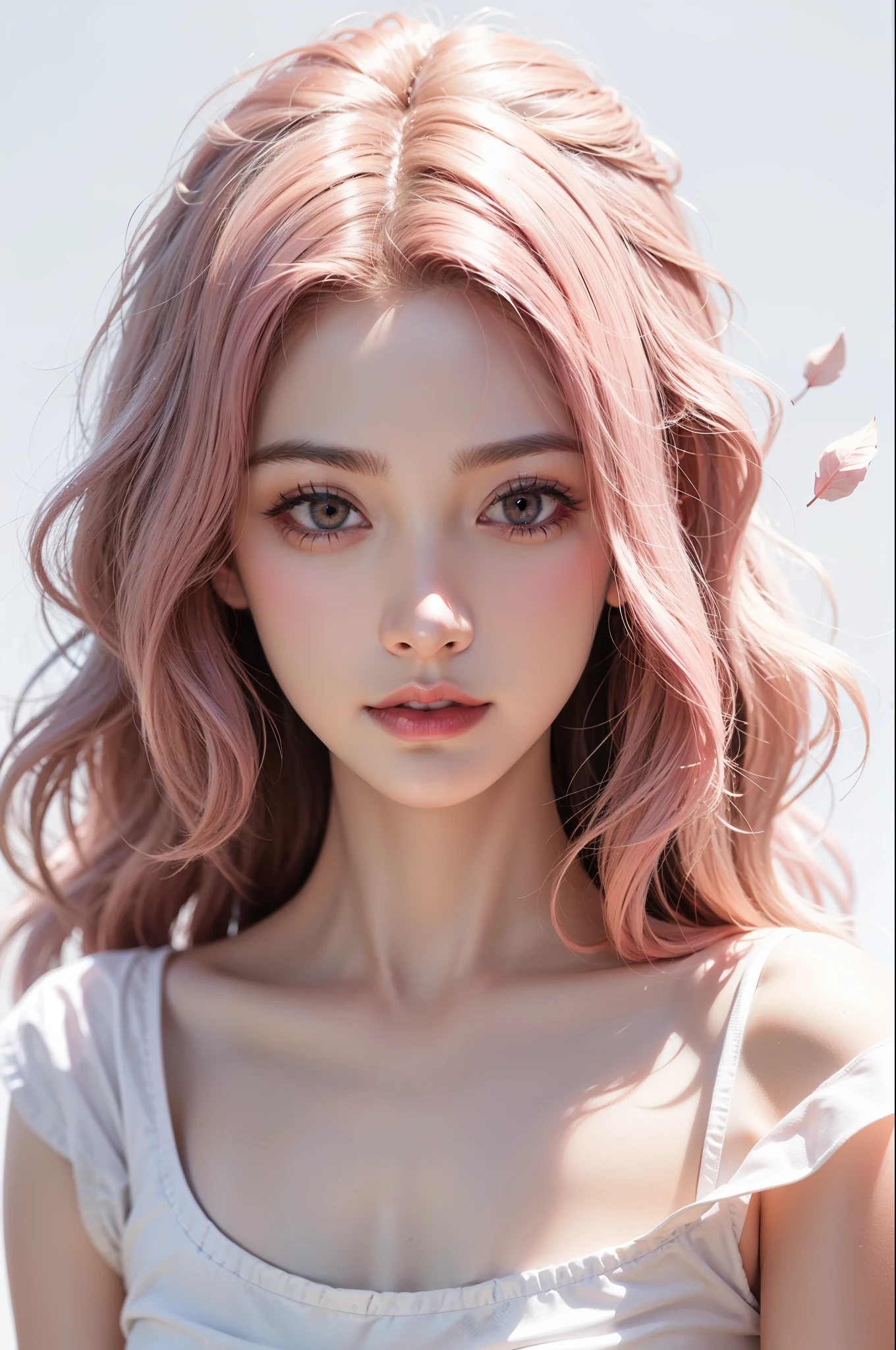 Light pink hair, pink eyes, pink and white, sakura leafs, vivid colors, white dress, paint splash, simple background, ray tracing, wavy hair