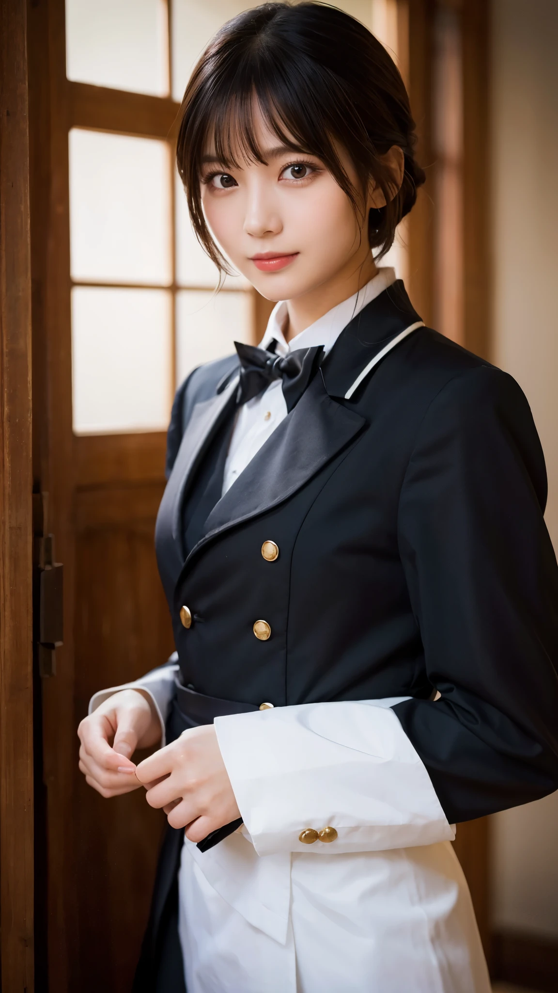 (highest quality,masterpiece:1.3,ultra high resolution),(Super detailed,caustics,8k),(photorealistic:1.4,RAW shooting),girl dressed as a butler,Japanese,Handsome guy,20-year-old,black hair short cut,looking at the camera,Inside a Western-style mansion,shot from the waist up,front,Warm light,professional writing