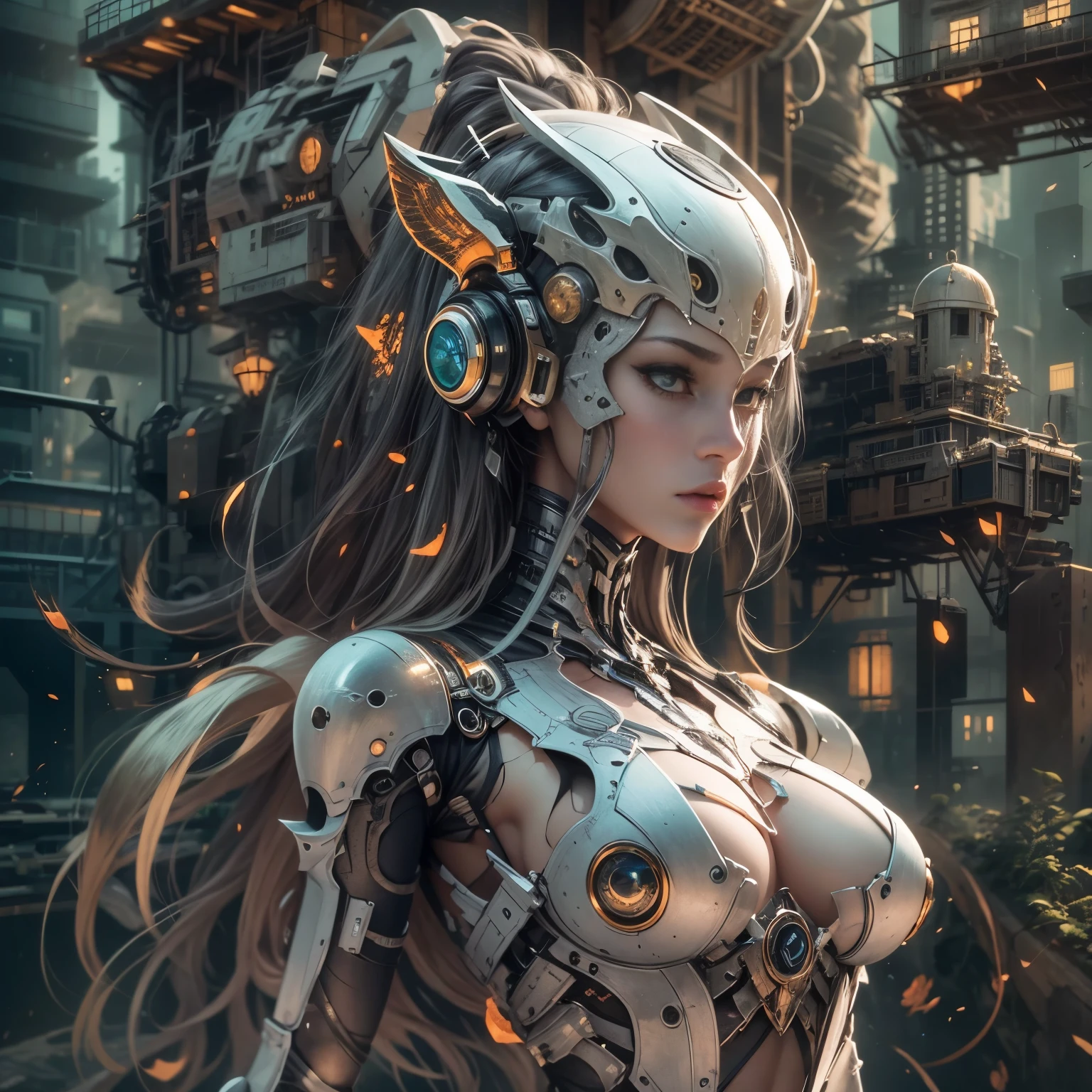 Female robots，The whole body is full of weapons，Complex mechanical structure，future world，destroyed city，There are super huge magical creatures in the background（（best quality））， （（intricate details））， （（Surrealism））（8k）