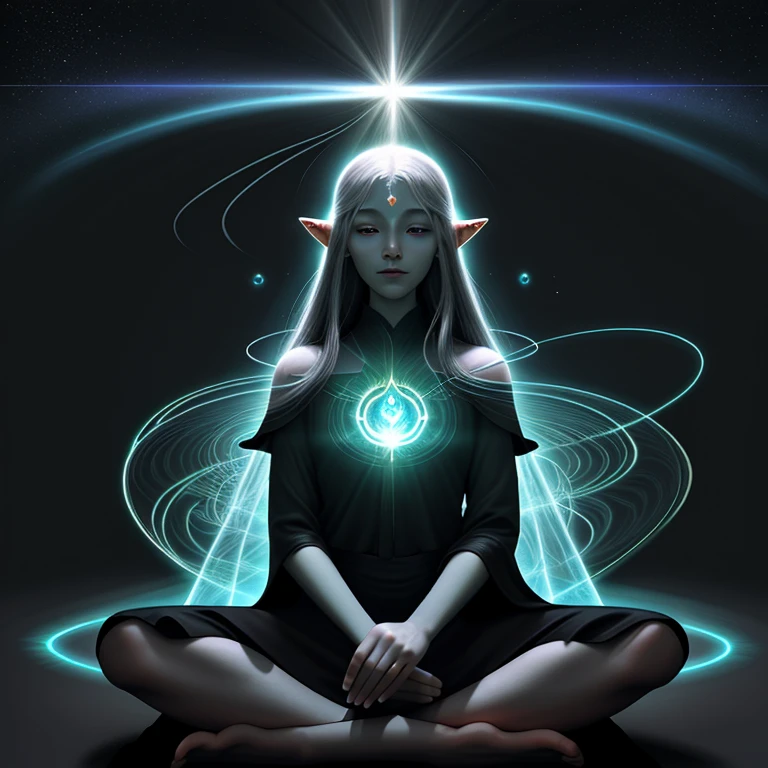 person sits in lotus position,There's a glowing halo above it, Shining divine aura, spiritual enlightenment, cosmic enlightenment, Shining dark aura, Shining electric aura, liquid luminous aura, glowing black aura, shining aura, 白くshining aura, Give off a glittering aura, enlightenment, Inverted dark glowing aura of power, enlightenment. Complex, elven spirit meditating in space,Many souls are connected like the internet,soul,A large number of people,