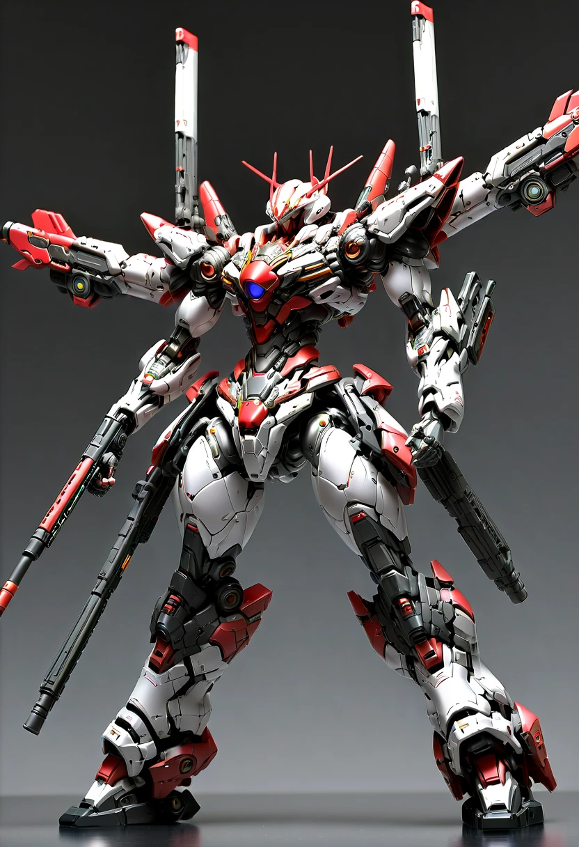 (远景:1.8), (全身照:1.5), A half-mechanical male warrior with cybernetic enhancements stands in a futuristic battlefield, aiming his rifle. His body is a complex assembly of intricate mechanical parts, cables, and gears, symbolizing the fusion of human and machine. The environment is a desolate, war-torn landscape, showcasing a stark contrast between the remnants of a once-civilized world and the advanced technology that now dominates. The warrior's posture is focused and determined, highlighting his readiness for combat. The details of his mechanical parts are meticulously designed, showing pistons, wires, and metal plates that interlock to create his formidable form. The scene is set during twilight, casting long shadows and creating a dramatic interplay of light and darkness, emphasizing the tension of the moment. This portrayal captures the essence of a futuristic warrior, blending elements of science fiction with a gritty realism, ，(眼睛正面看着观众:1.5)