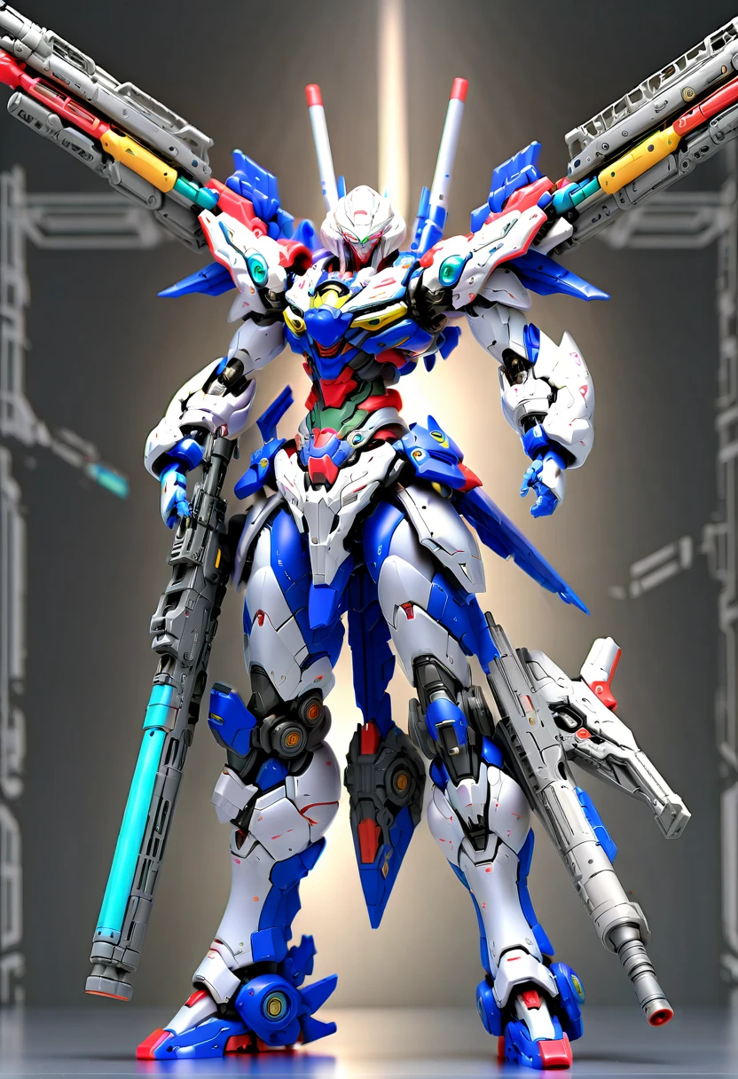 (远景:1.8), (全身照:1.5), A half-mechanical male warrior with cybernetic enhancements stands in a futuristic battlefield, aiming his rifle. His body is a complex assembly of intricate mechanical parts, cables, and gears, symbolizing the fusion of human and machine. The environment is a desolate, war-torn landscape, showcasing a stark contrast between the remnants of a once-civilized world and the advanced technology that now dominates. The warrior's posture is focused and determined, highlighting his readiness for combat. The details of his mechanical parts are meticulously designed, showing pistons, wires, and metal plates that interlock to create his formidable form. The scene is set during twilight, casting long shadows and creating a dramatic interplay of light and darkness, emphasizing the tension of the moment. This portrayal captures the essence of a futuristic warrior, blending elements of science fiction with a gritty realism, ，(眼睛正面看着观众:1.5)