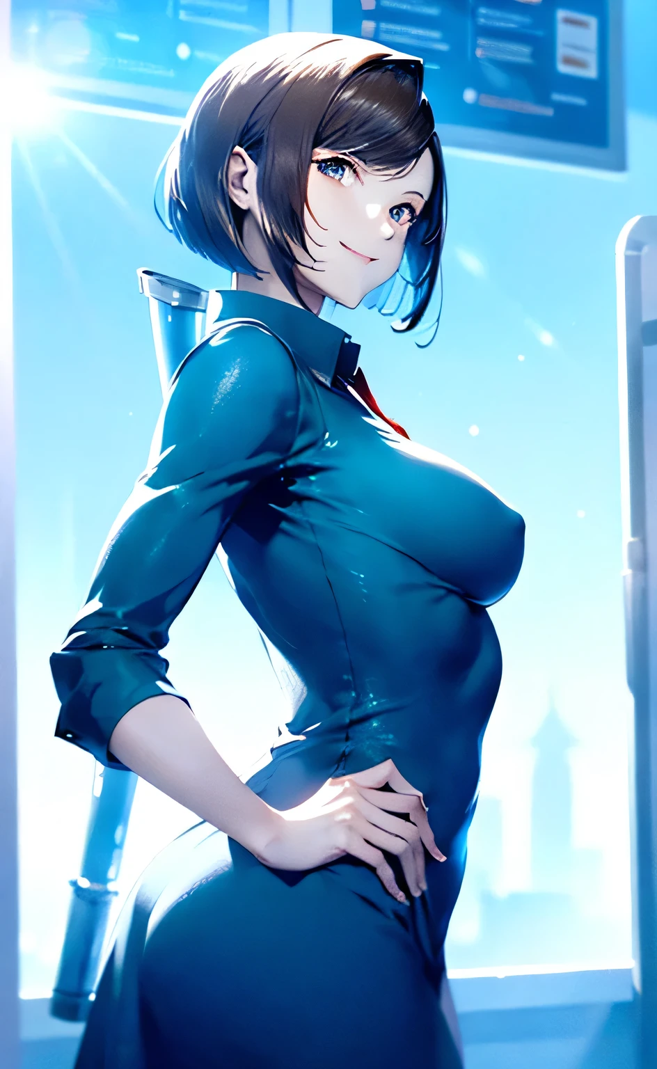 (best image quality),(master'job),(Super detailed),(Detailed description of the eyes:1.0),(Lens flare:1.0),(movie poster:1.0),(2020s style),(final fantasy 7),(Persona4),(porcelain skin),(medium breasts),(Wavy bob hair),1 girl, close, Shoulder Focus, From the side, (Radiant smile),(Secondary creation),Active,brown hair, blue eyes, long sleeve,collared dress, doctor, pharmacist, ruins of fantasy,mechanical,career woman