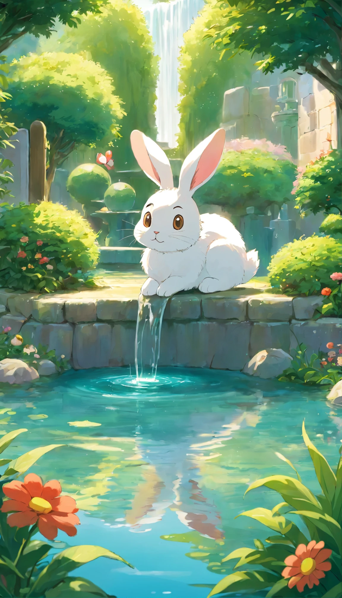 Cute bunny with round eyes, Garden fountain, , Far away from home, Mirror effect